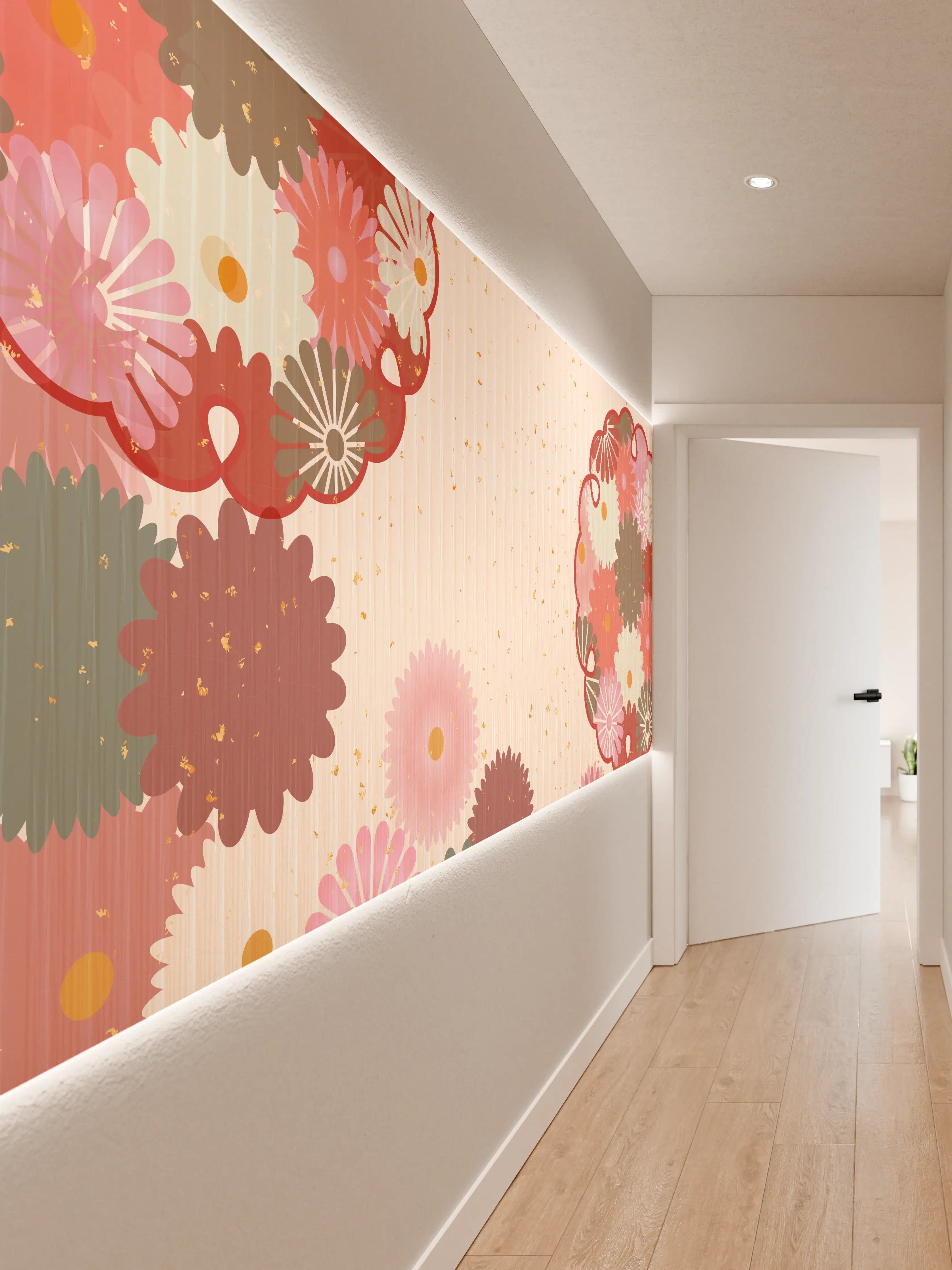 Wandverkleidung Flur - Floral Blumenmuster Beige Rot