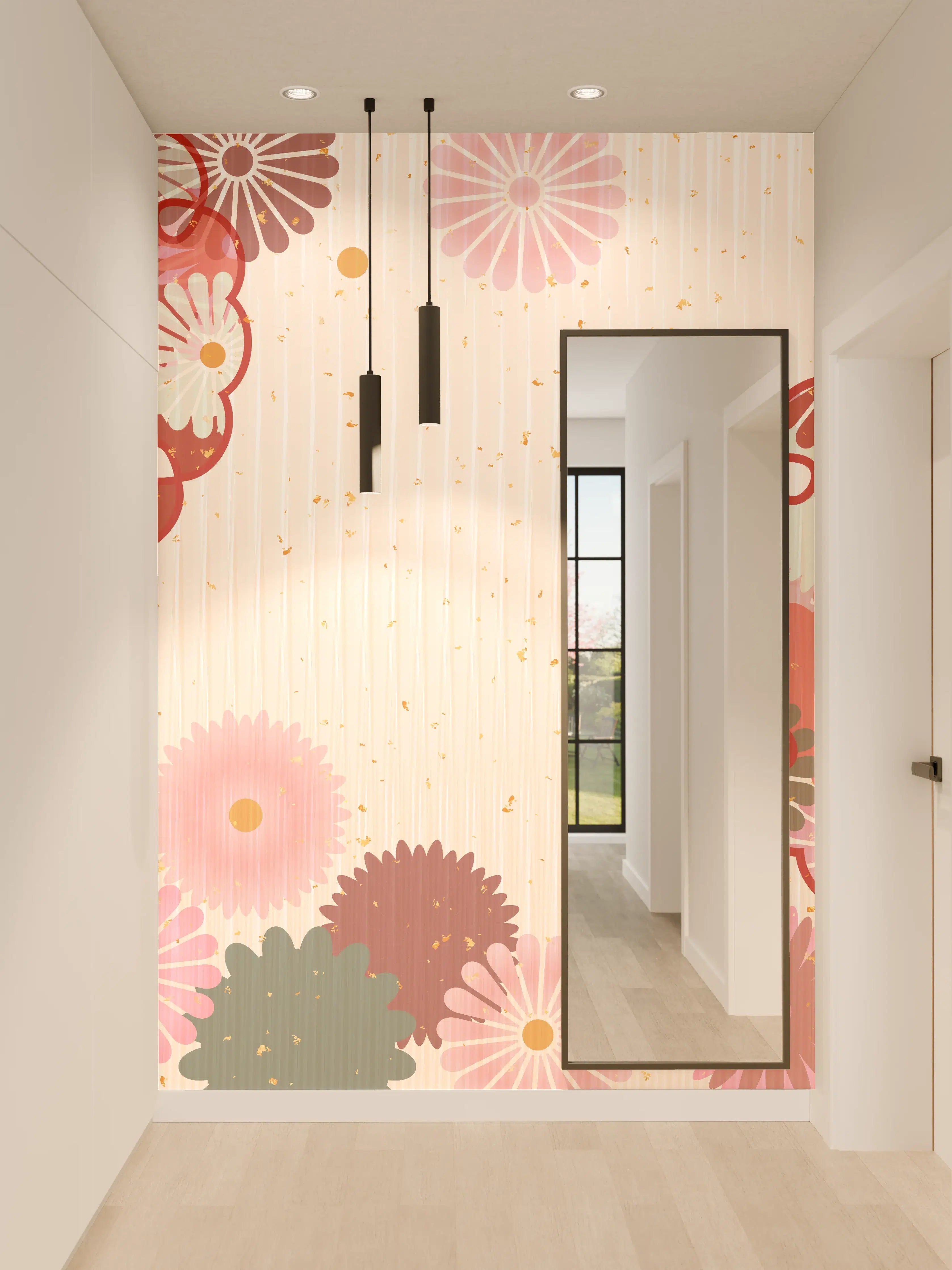 Wandverkleidung Flur - Floral Blumenmuster Beige Rot