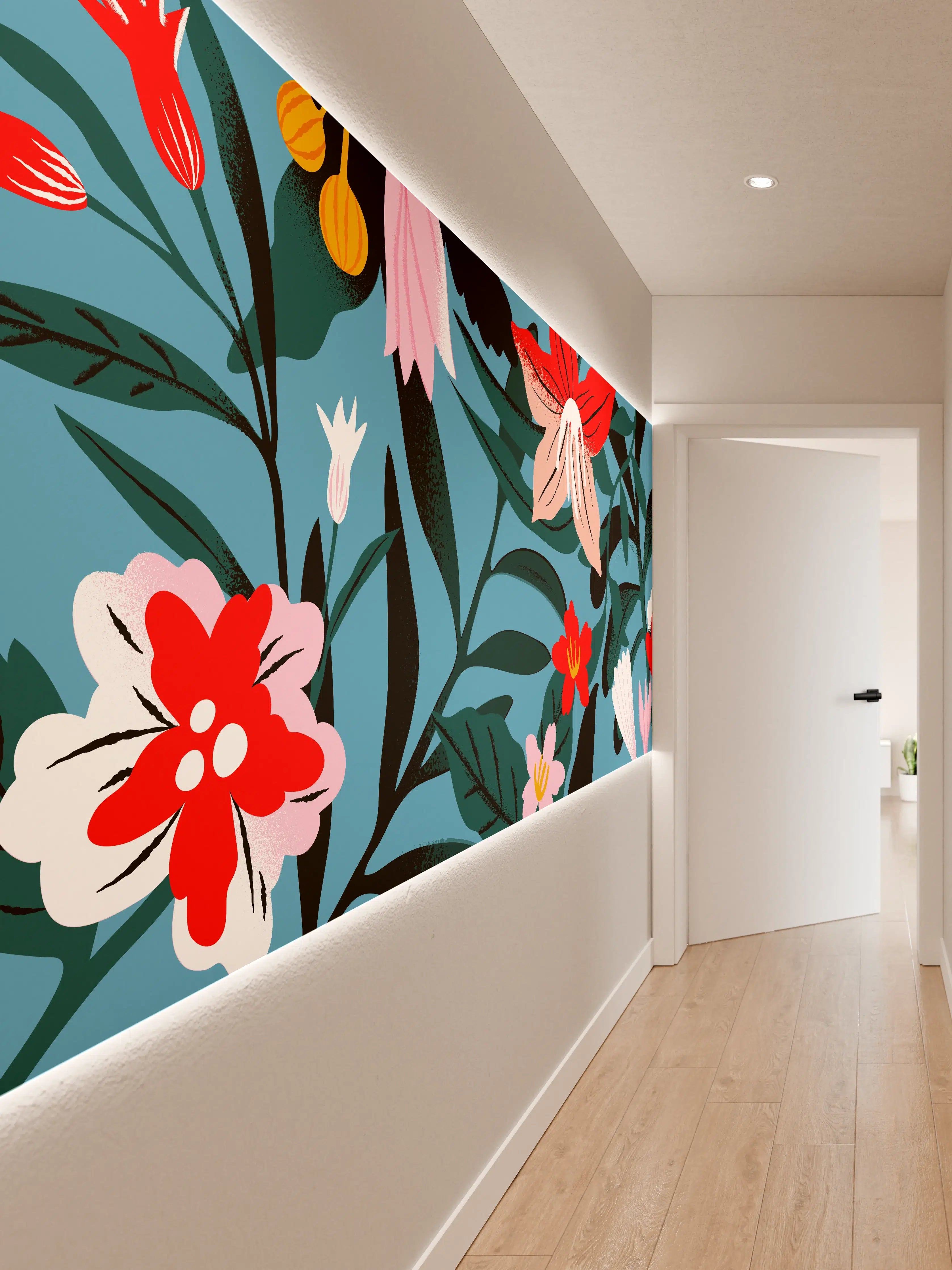 Wandverkleidung Flur - Florales Blau-Rot Muster