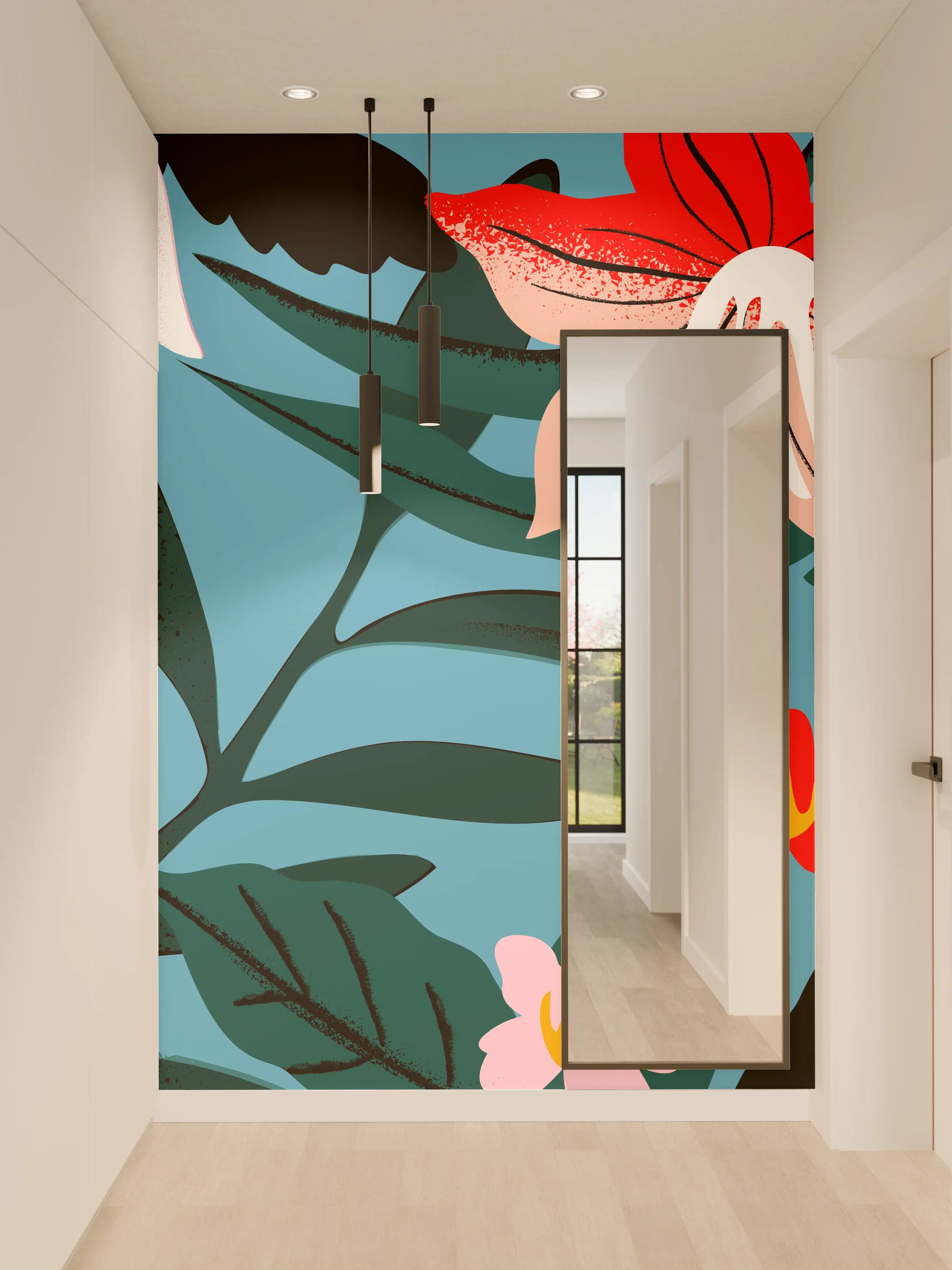 Wandverkleidung Flur - Florales Blau-Rot Muster