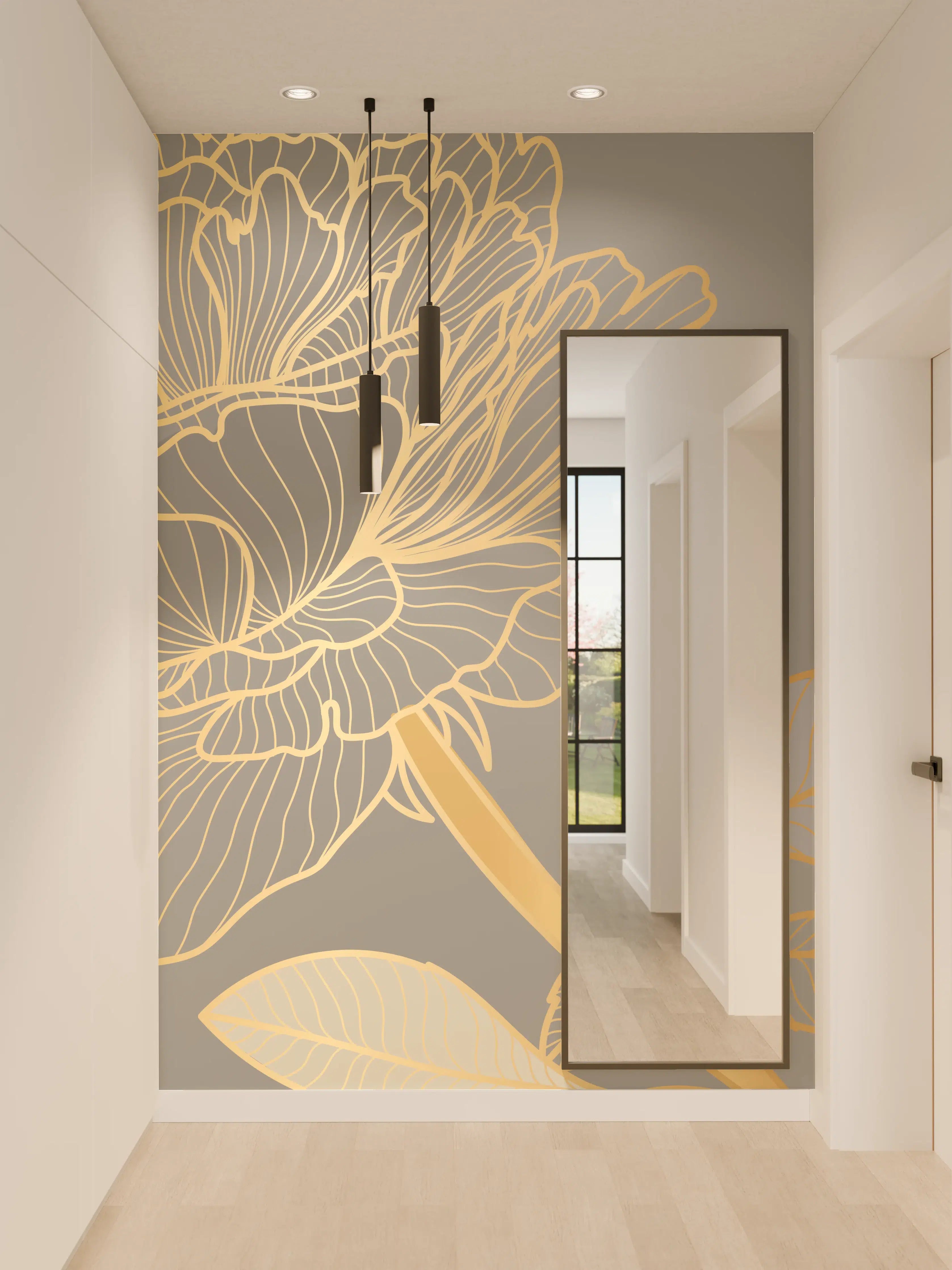 Wandverkleidung Flur - Florales Gold-Muster Design