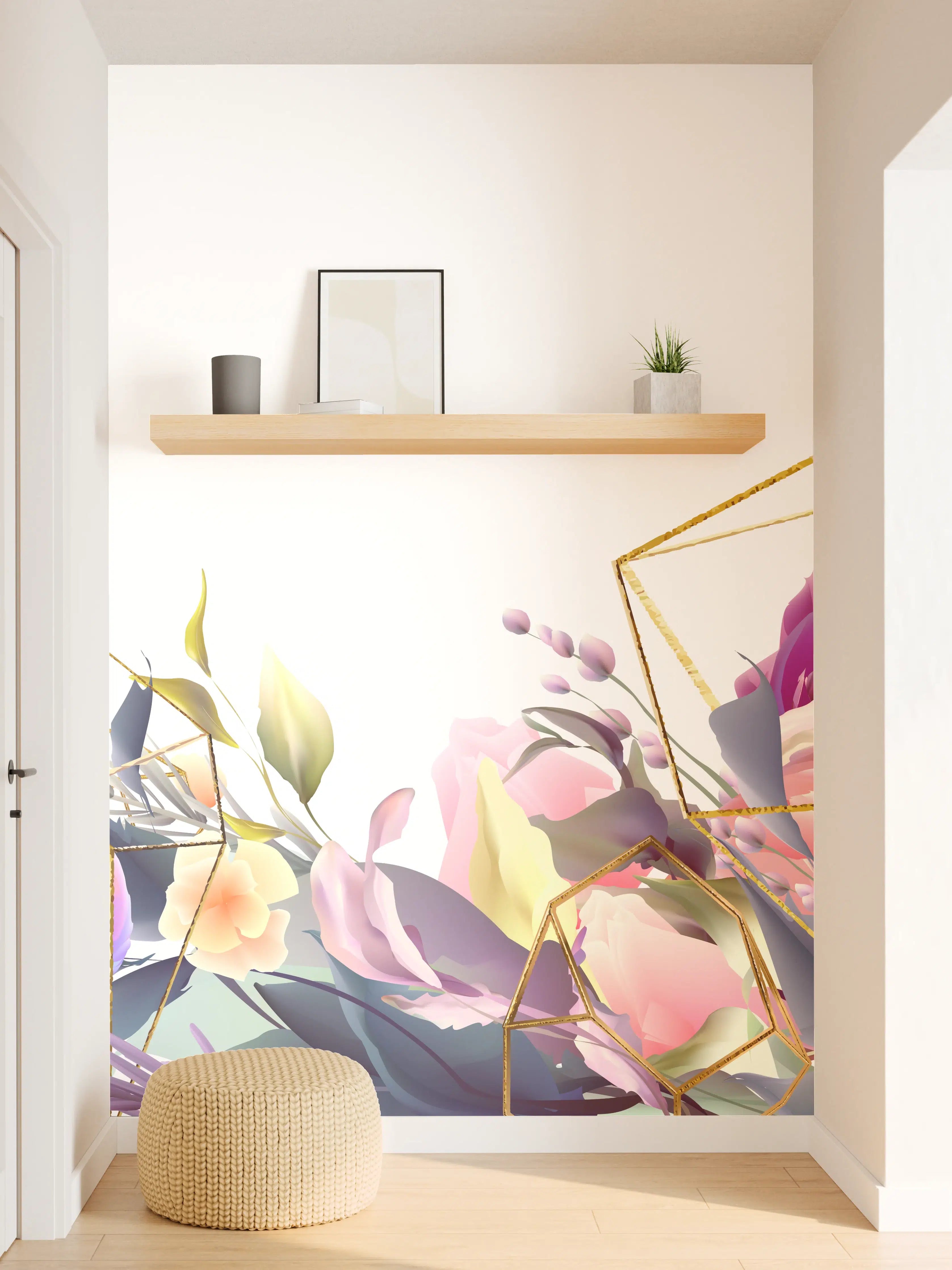 Wandverkleidung Flur - Florales Muster mit Goldakzenten