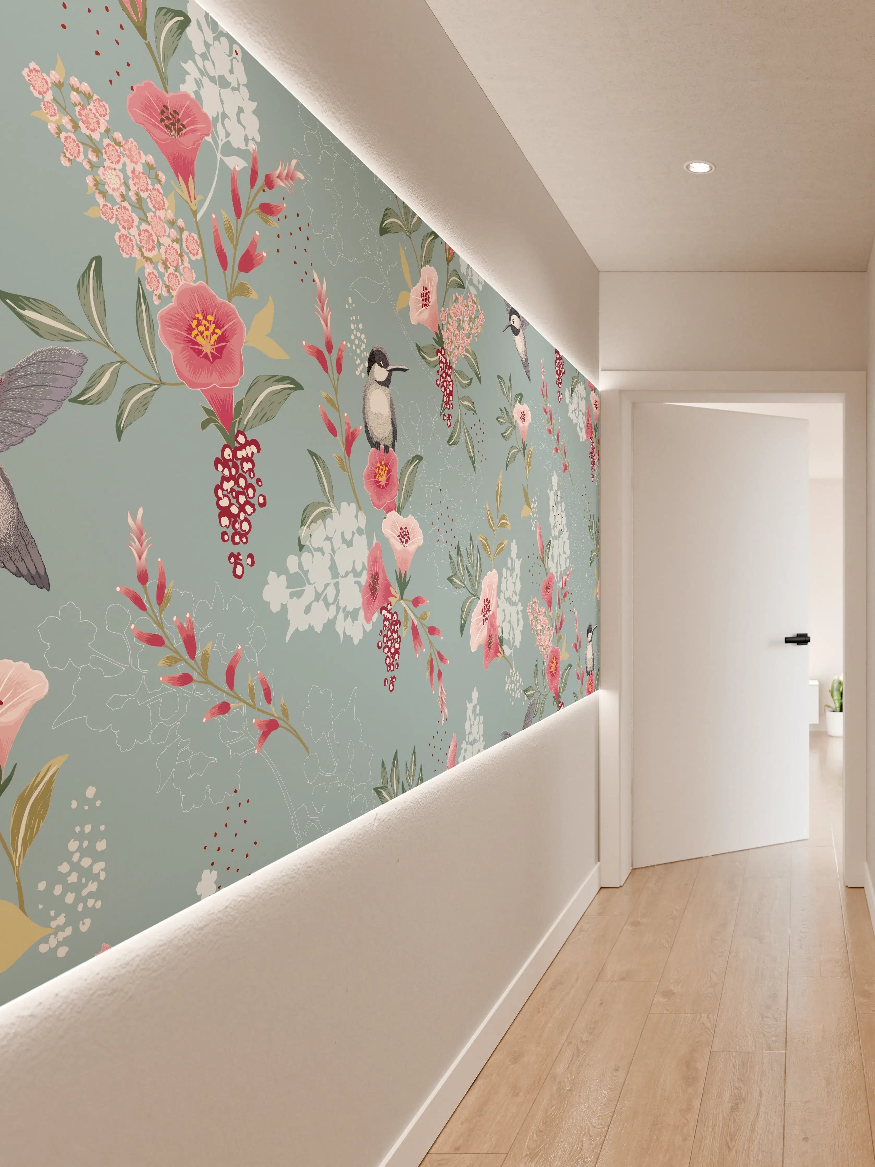Wandverkleidung Flur - Florales Muster mit Vögeln Pastell