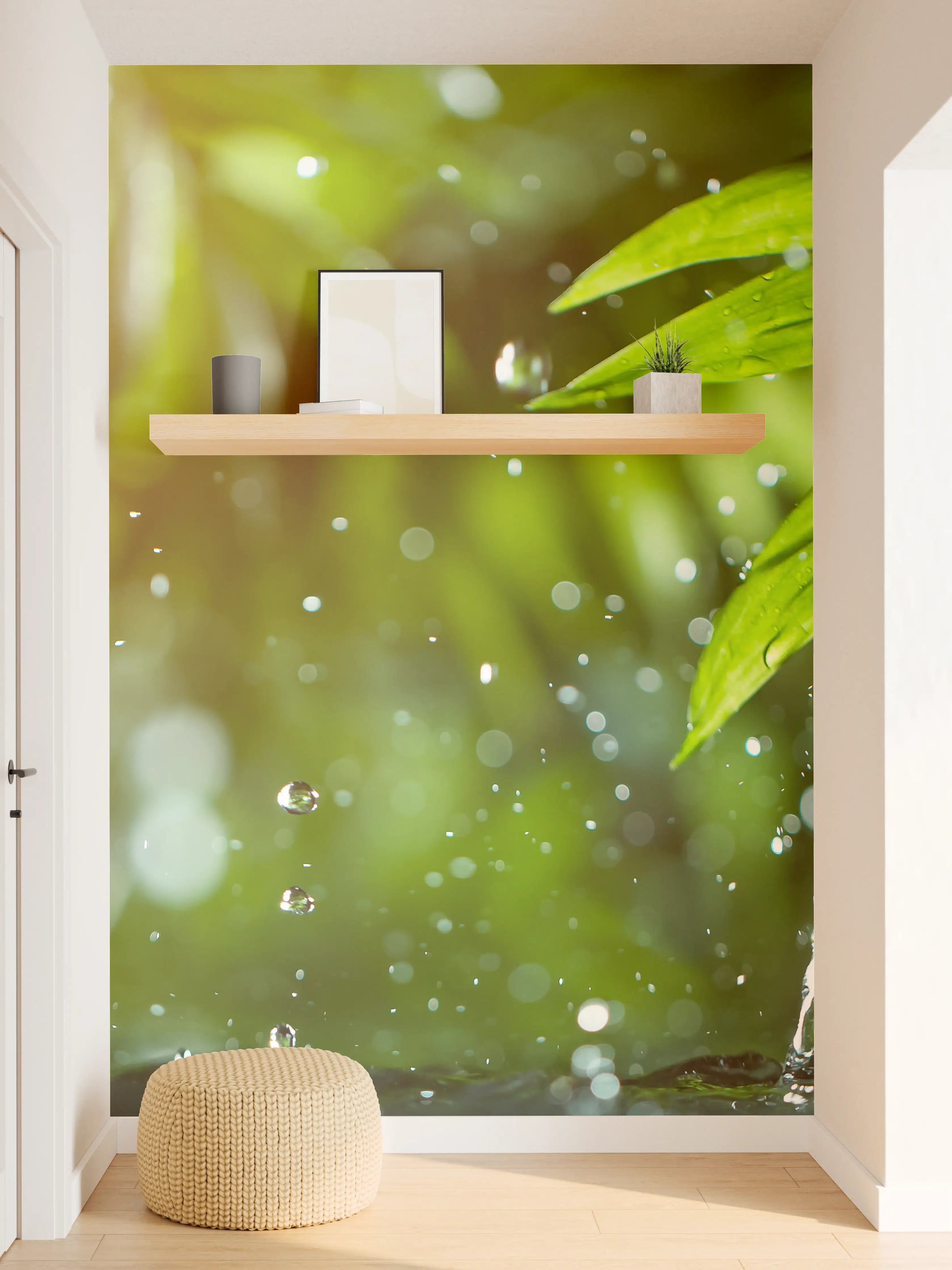 Wandverkleidung Flur - Frischer Regen auf tropischem Blatt