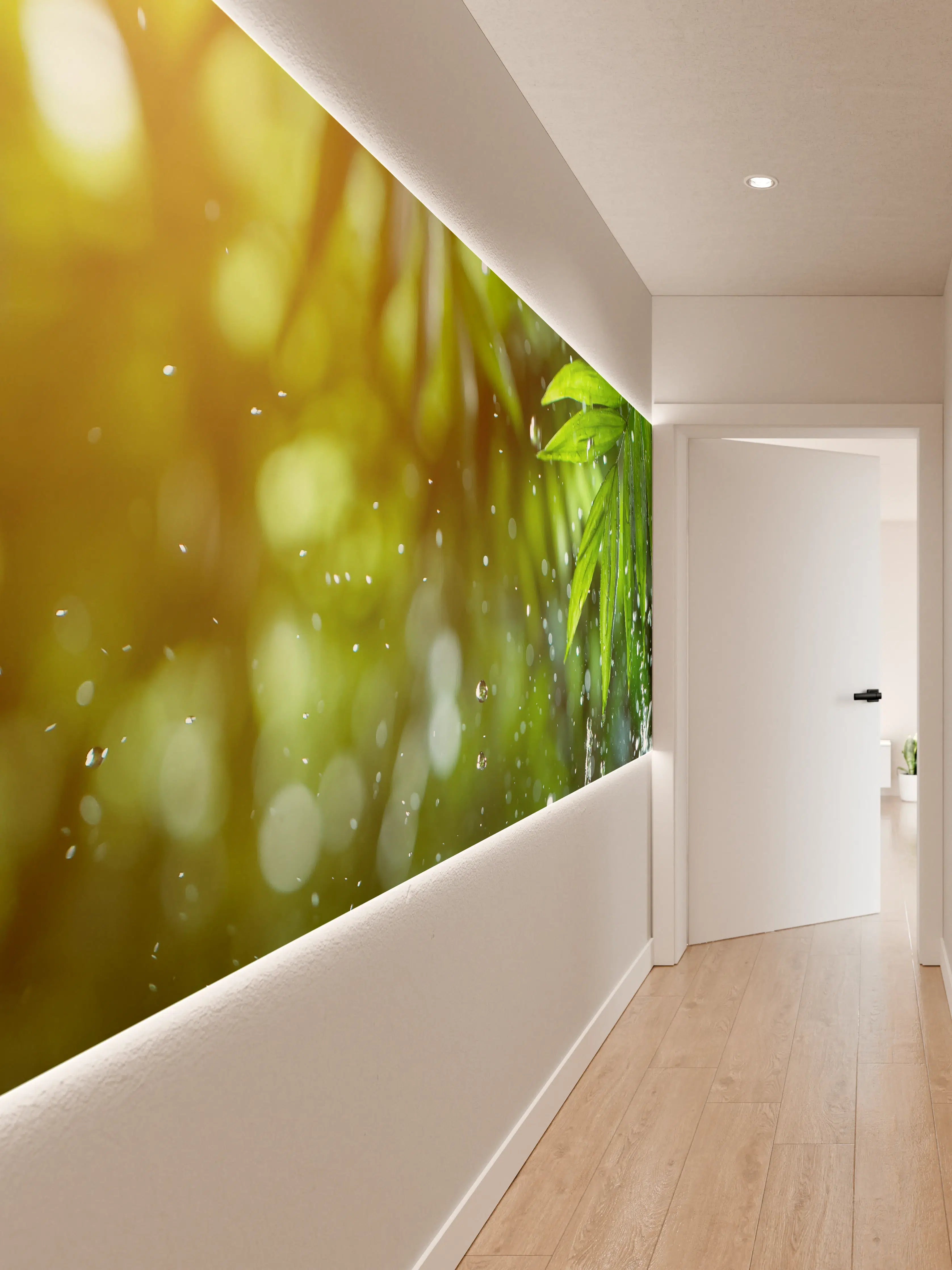 Wandverkleidung Flur - Frischer Regen auf tropischem Blatt