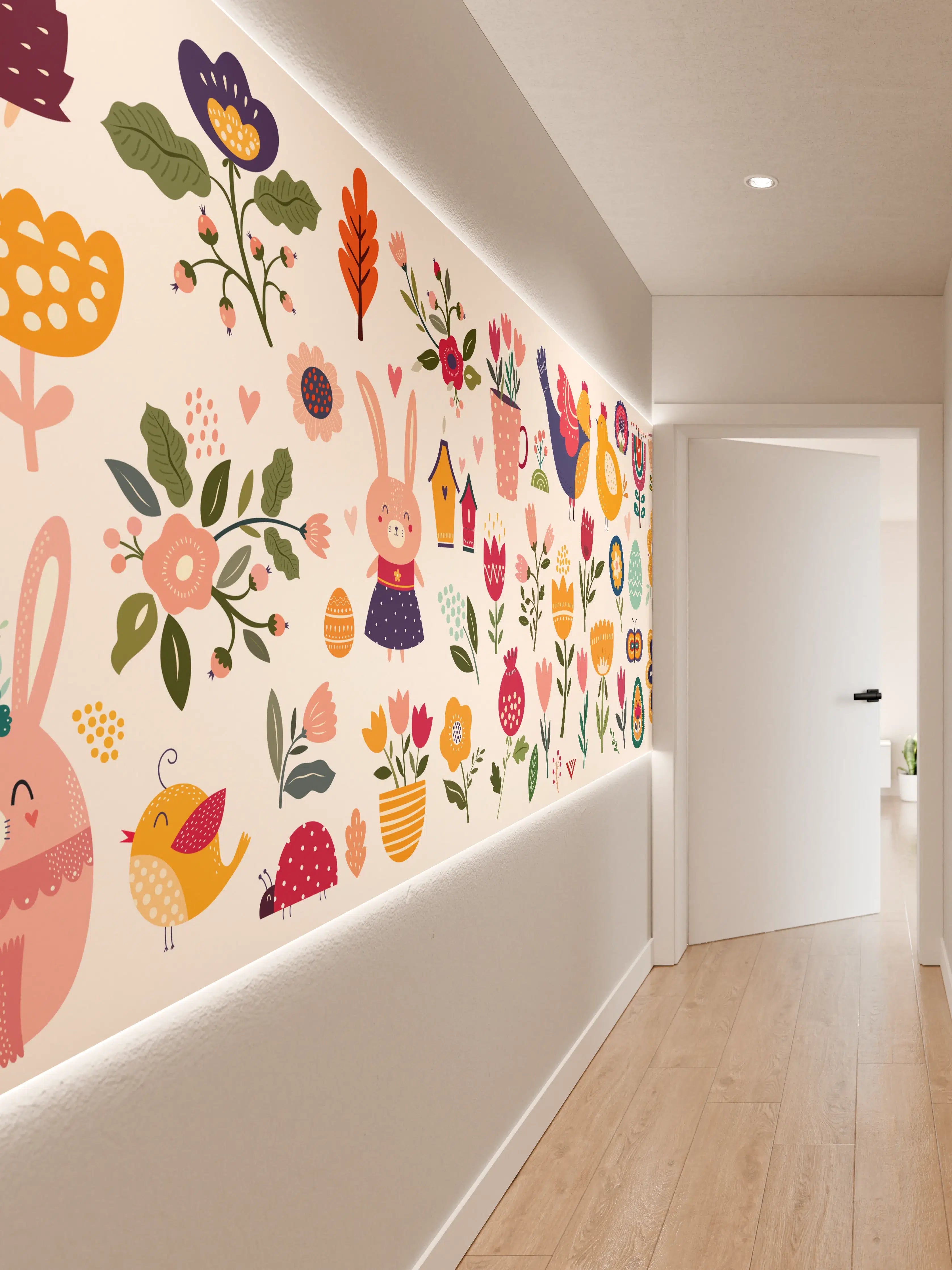 Wandverkleidung Flur - Fröhliche Frühlingsmotive mit bunten Blumen und Tieren