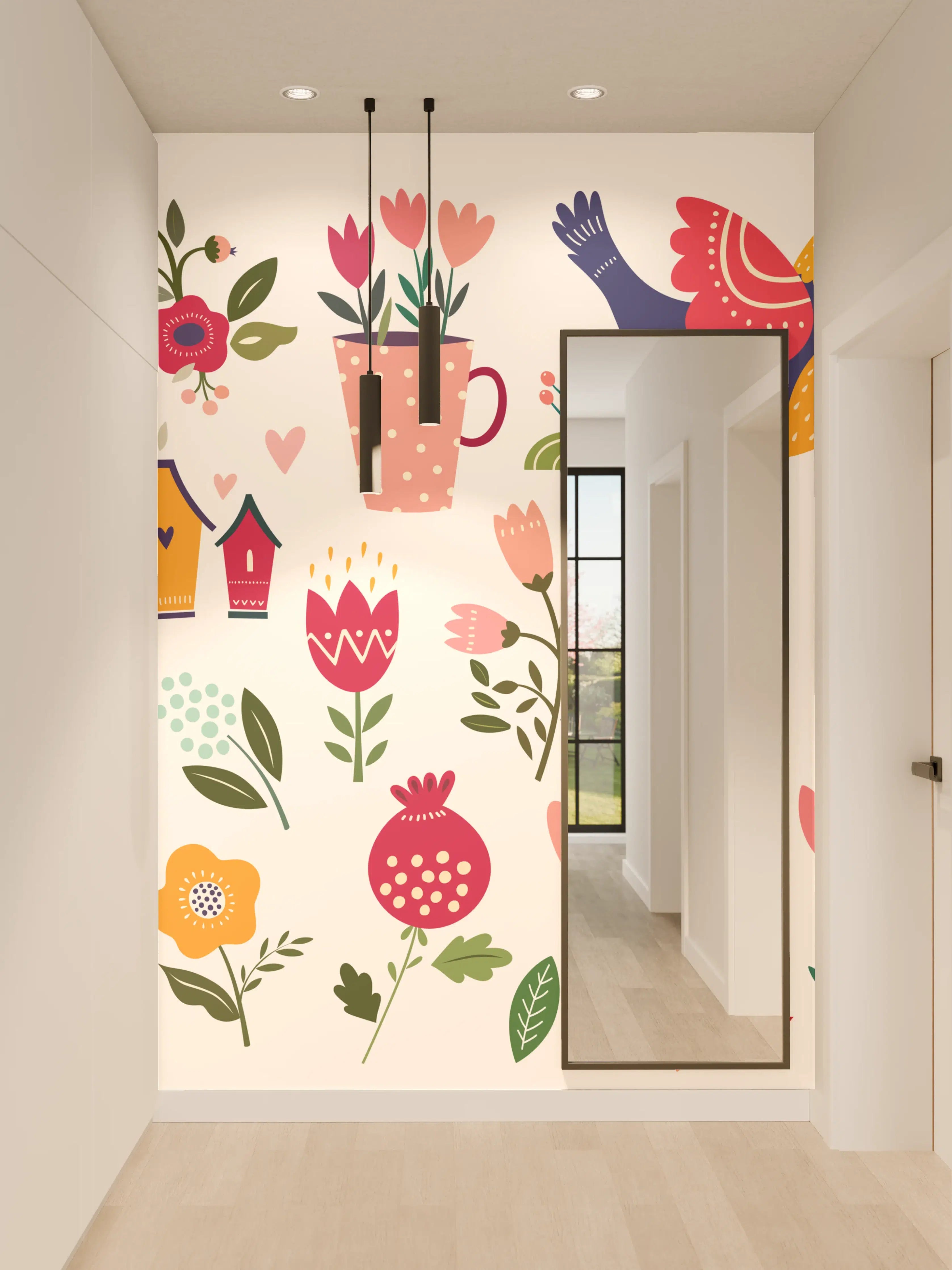 Wandverkleidung Flur - Fröhliche Frühlingsmotive mit bunten Blumen und Tieren