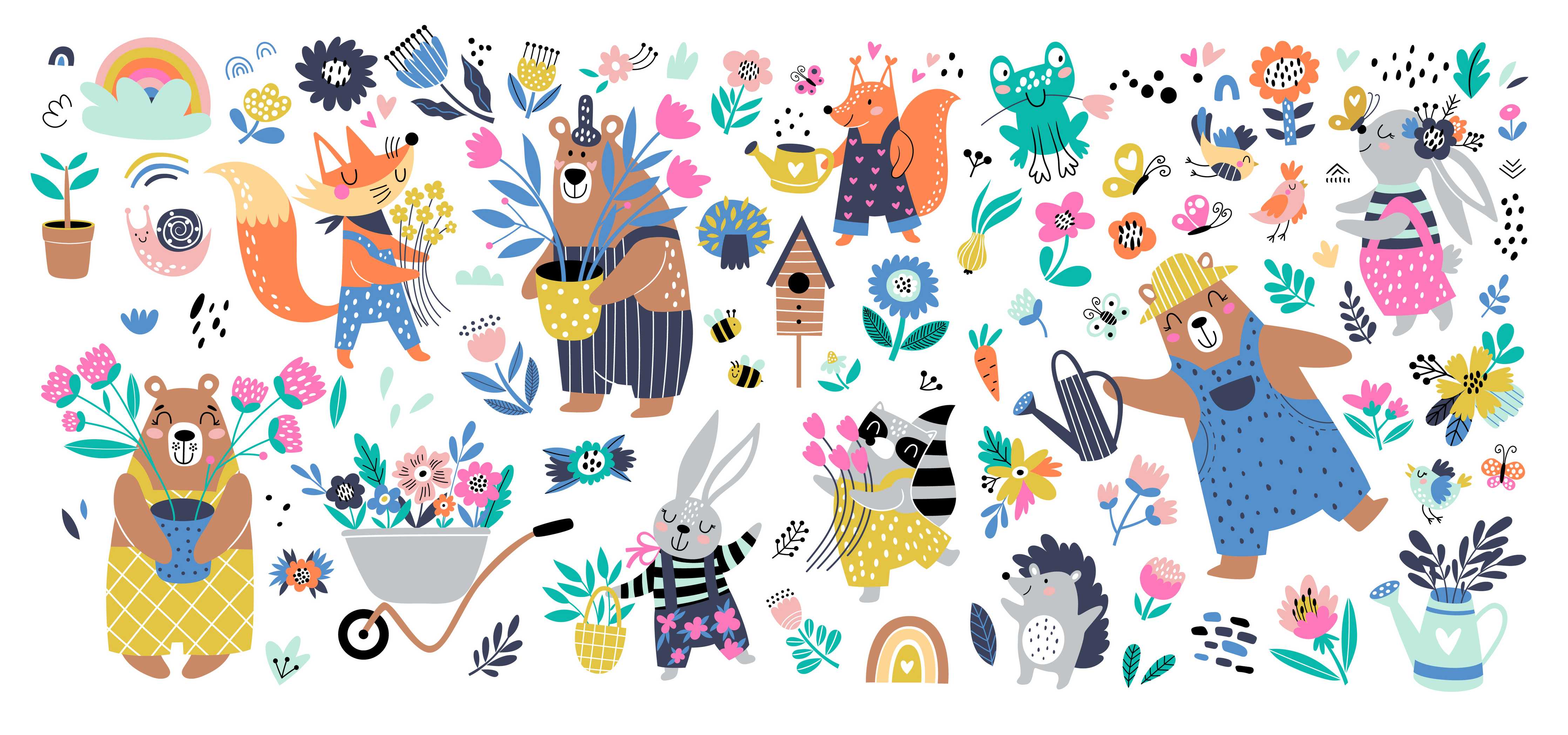 Wandverkleidung Flur-Fröhliche Tierfreunde im Blütenmeer