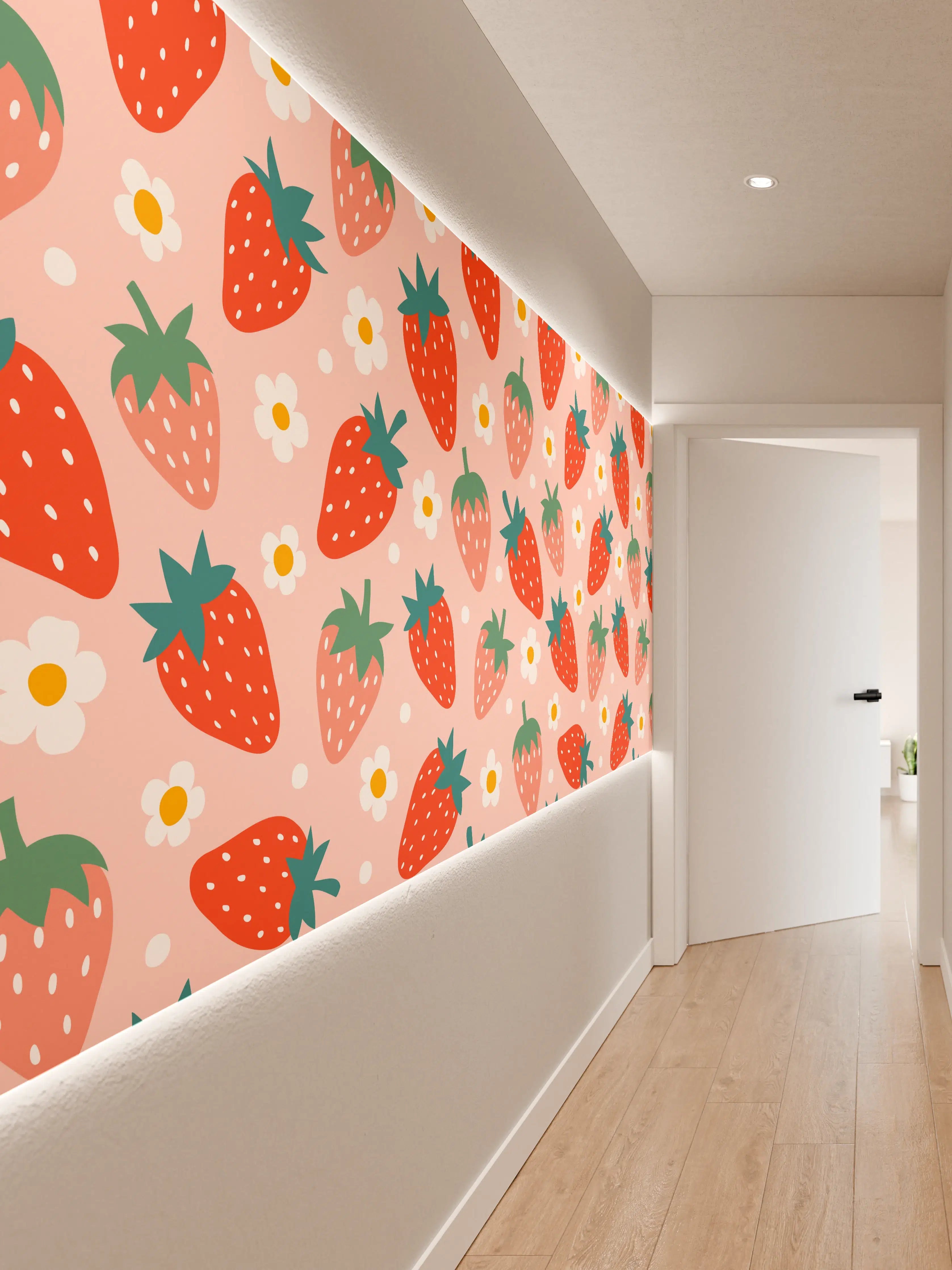 Wandverkleidung Flur - Fröhliches Erdbeer-Muster auf pinkem Hintergrund