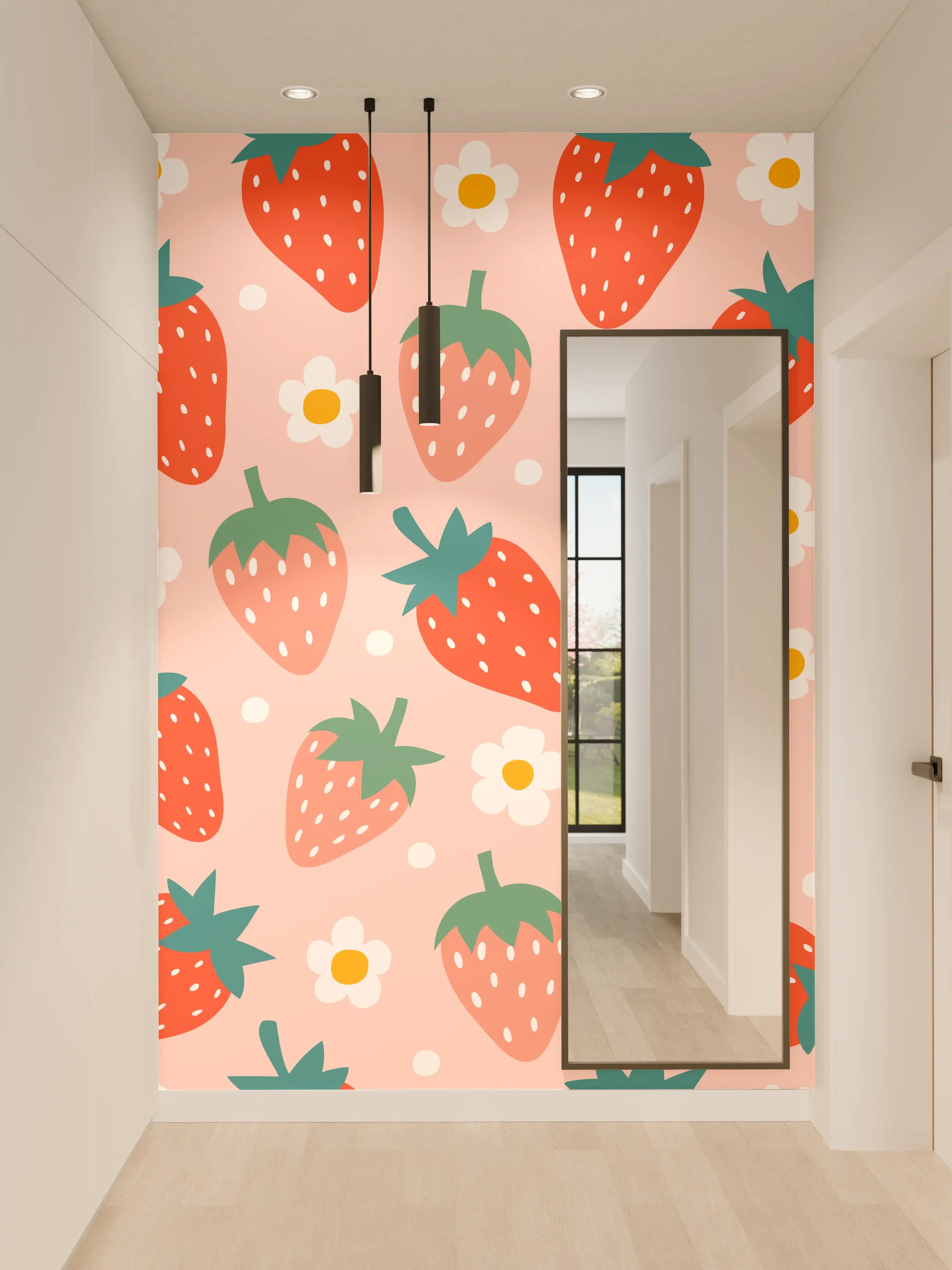 Wandverkleidung Flur - Fröhliches Erdbeer-Muster auf pinkem Hintergrund