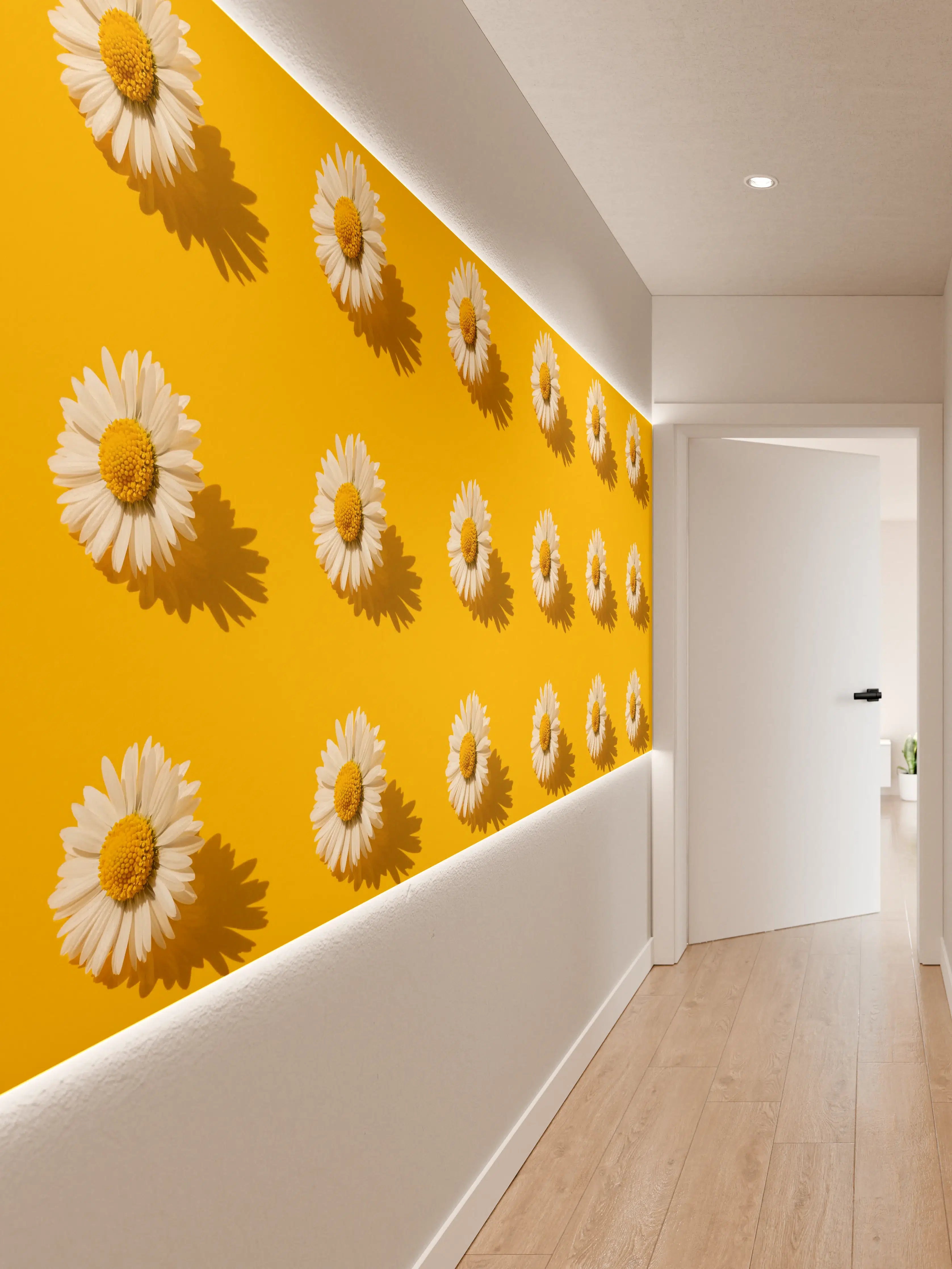 Wandverkleidung Flur - Gänseblümchen Muster auf gelbem Hintergrund