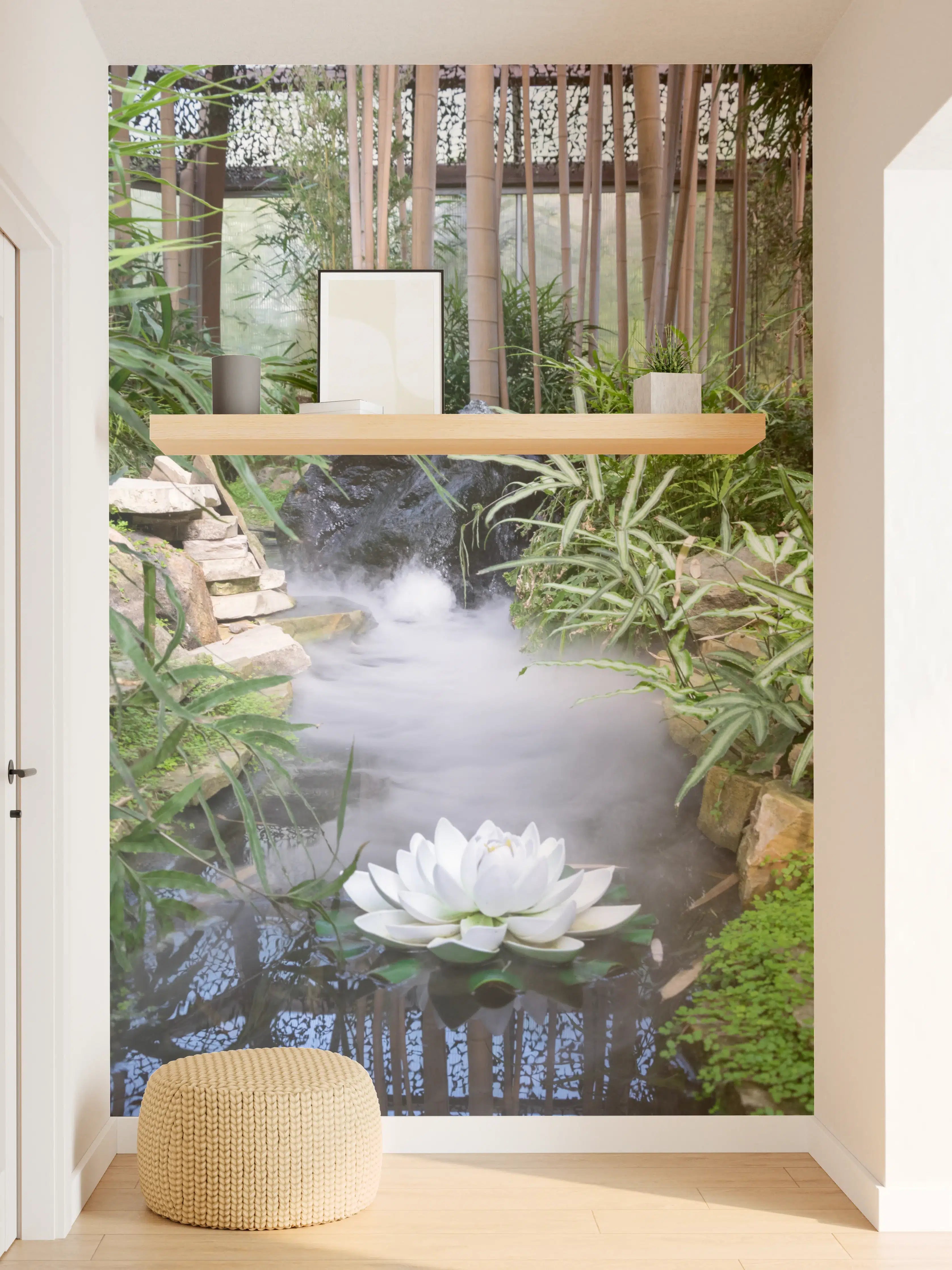 Wandverkleidung Flur - Gartenparadies mit Wasserlauf und Lotusblüte