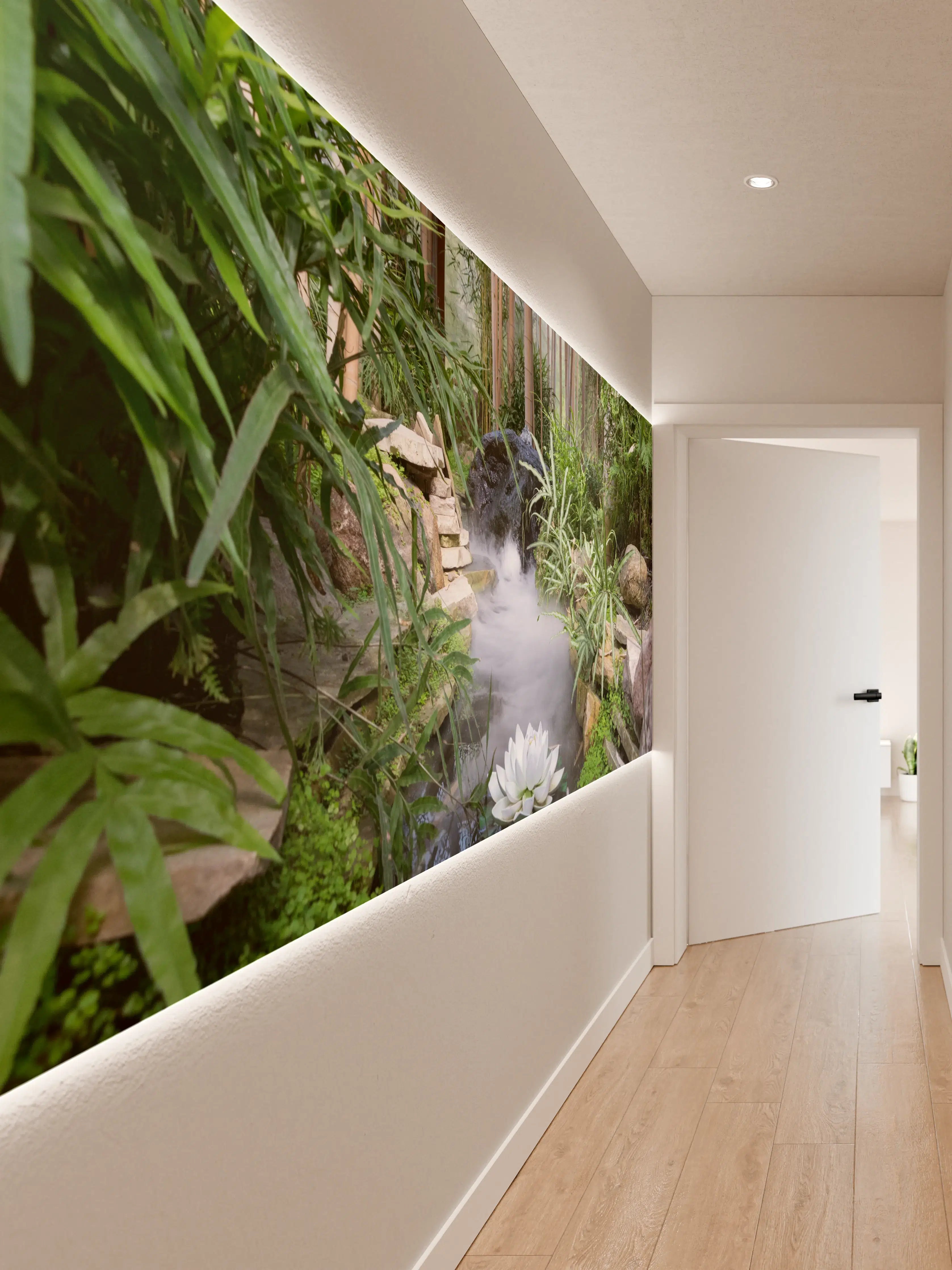 Wandverkleidung Flur - Gartenparadies mit Wasserlauf und Lotusblüte