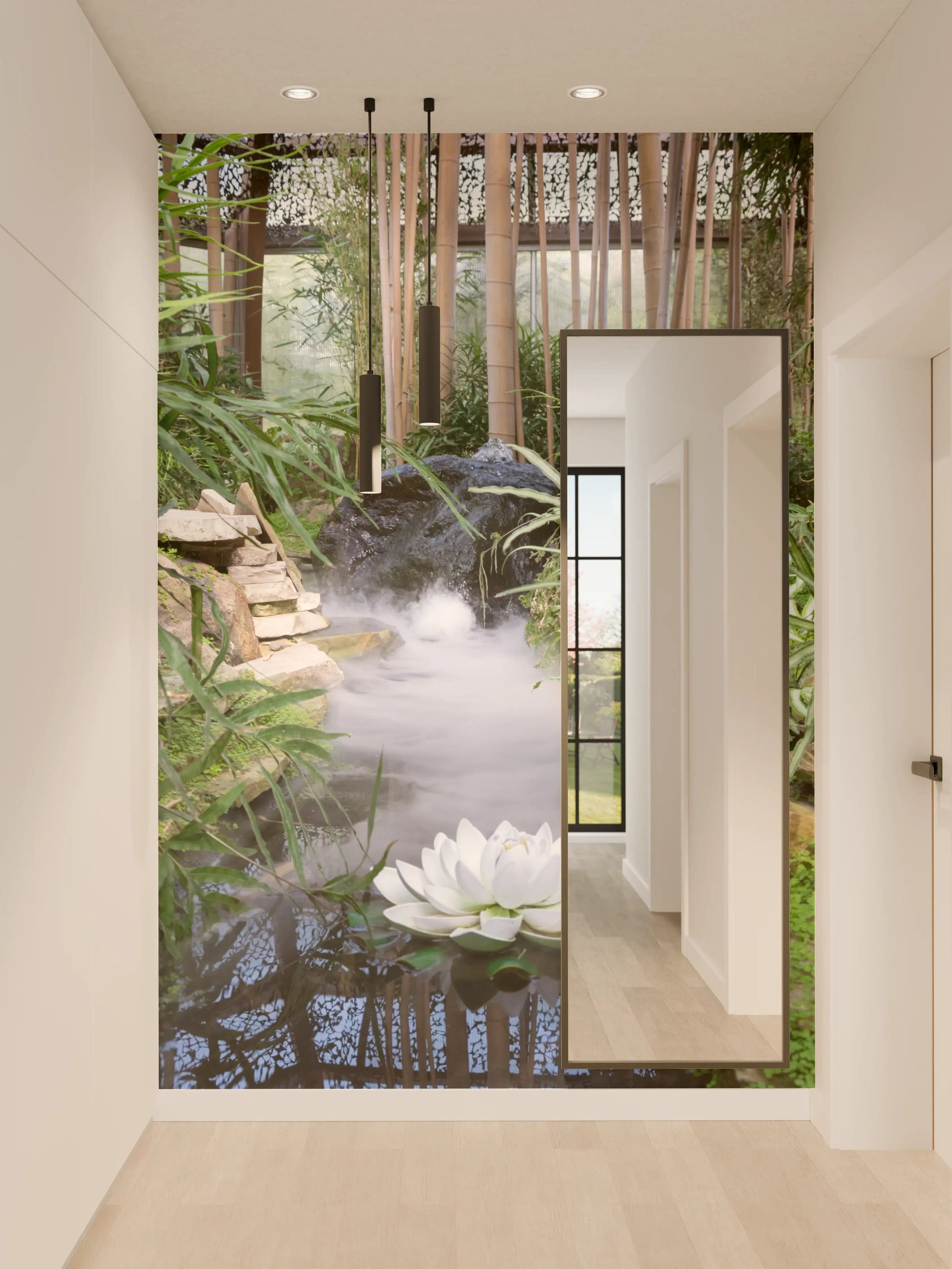 Wandverkleidung Flur - Gartenparadies mit Wasserlauf und Lotusblüte
