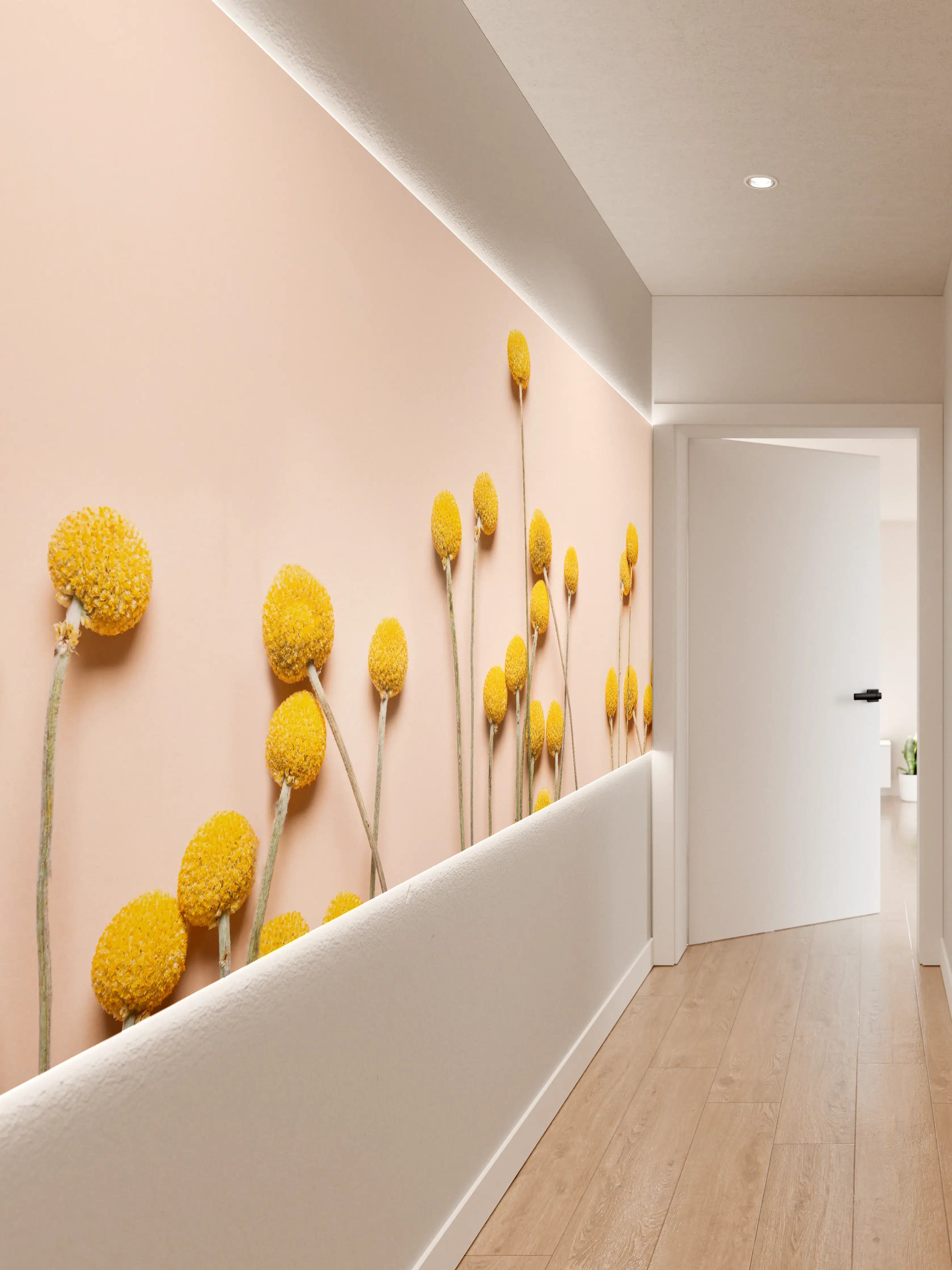 Wandverkleidung Flur - Gelbe Pompon-Blumen auf neutralem Hintergrund