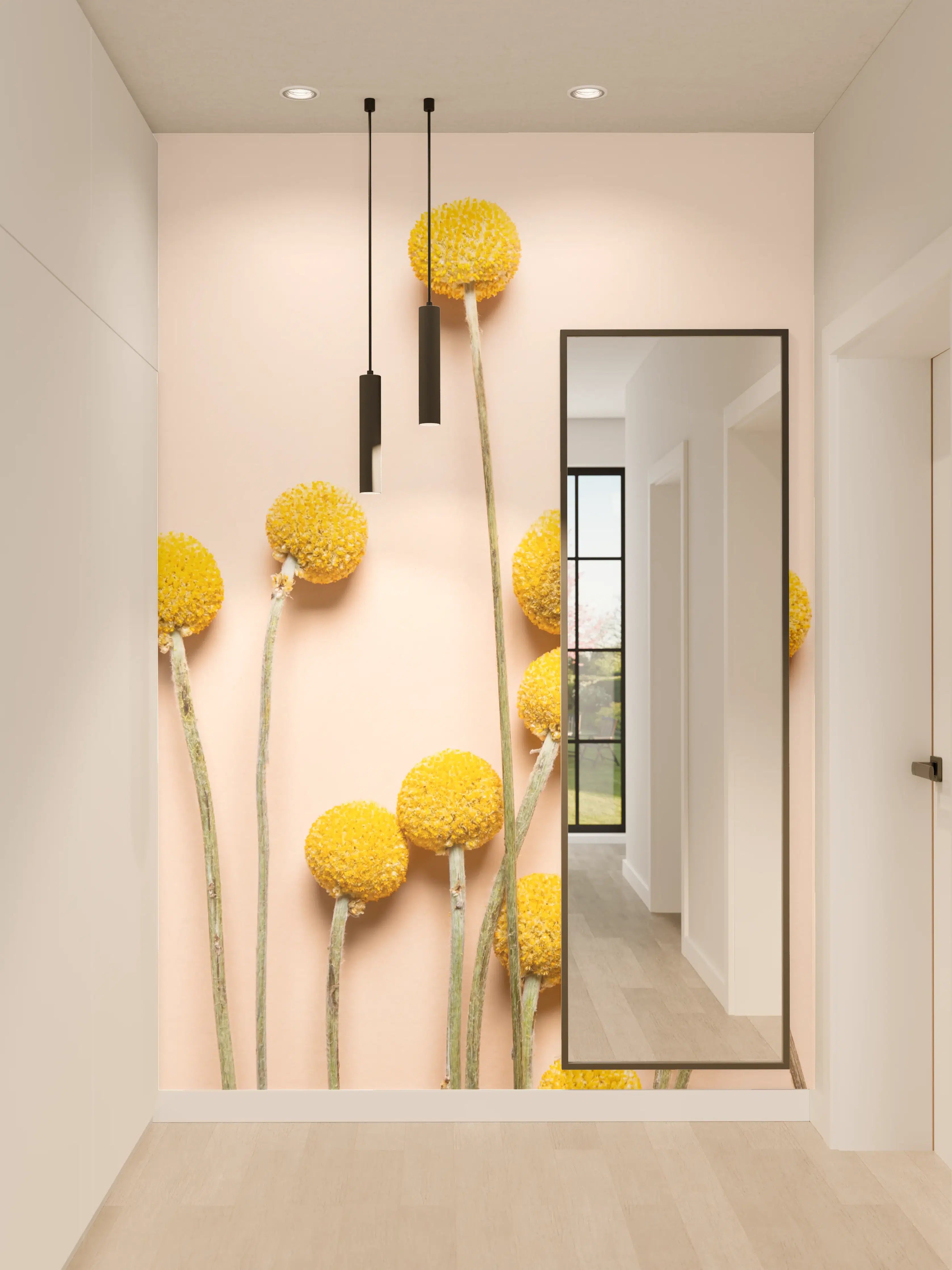 Wandverkleidung Flur - Gelbe Pompon-Blumen auf neutralem Hintergrund