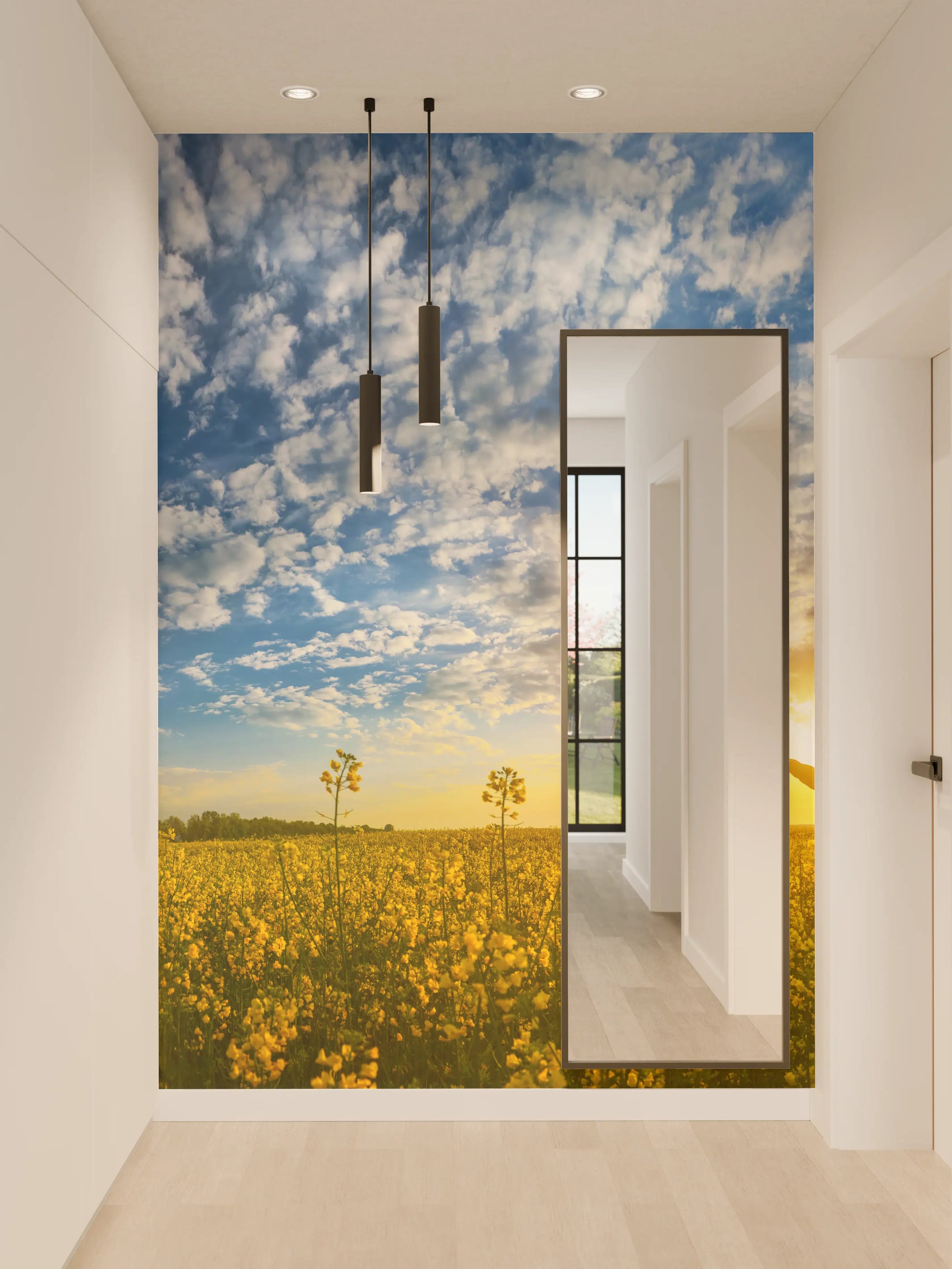 Wandverkleidung Flur - Gelbliches Blumenfeld am Morgen