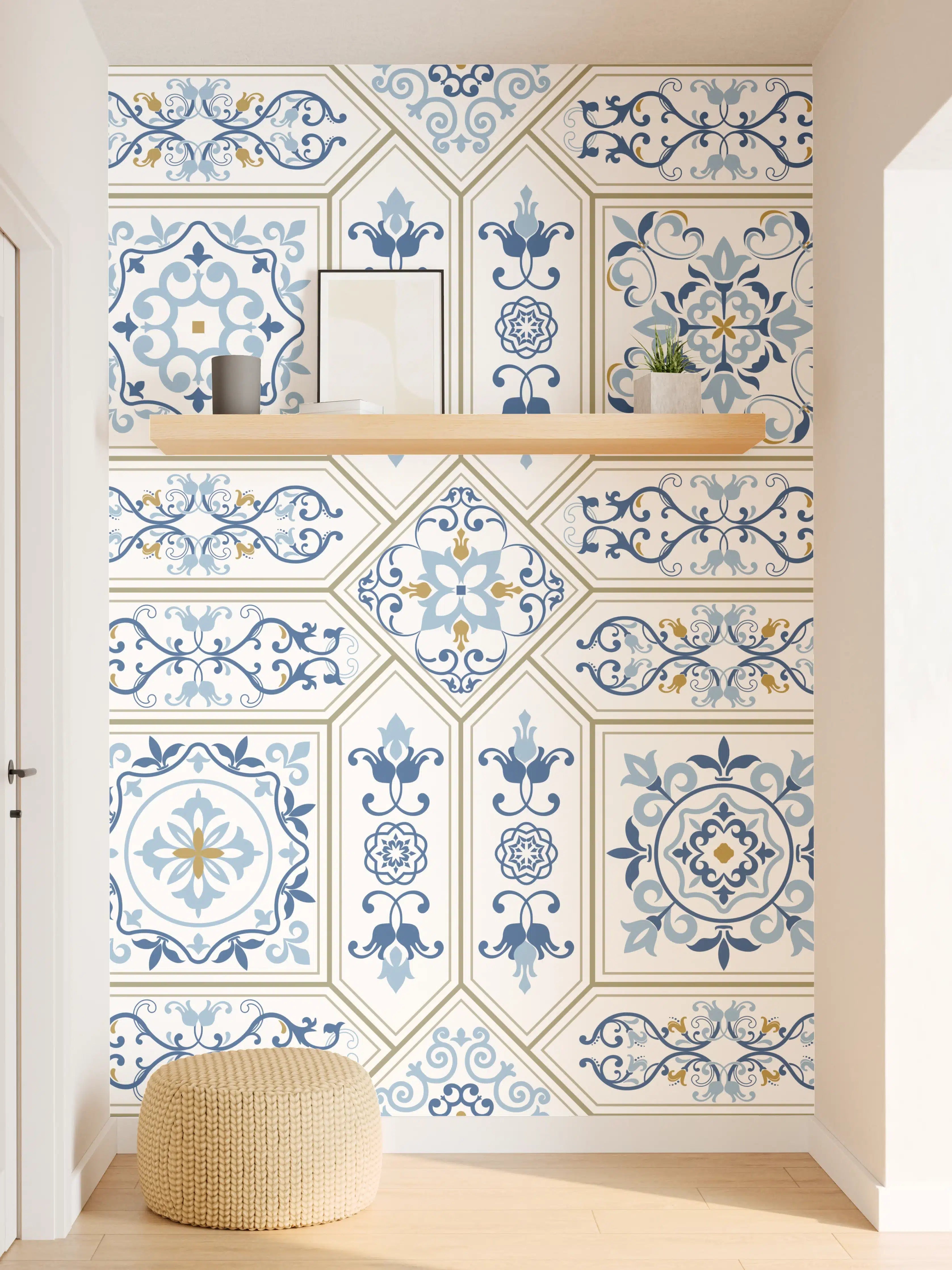 Wandverkleidung Flur - Geometrisches Blau-Weiß-Muster