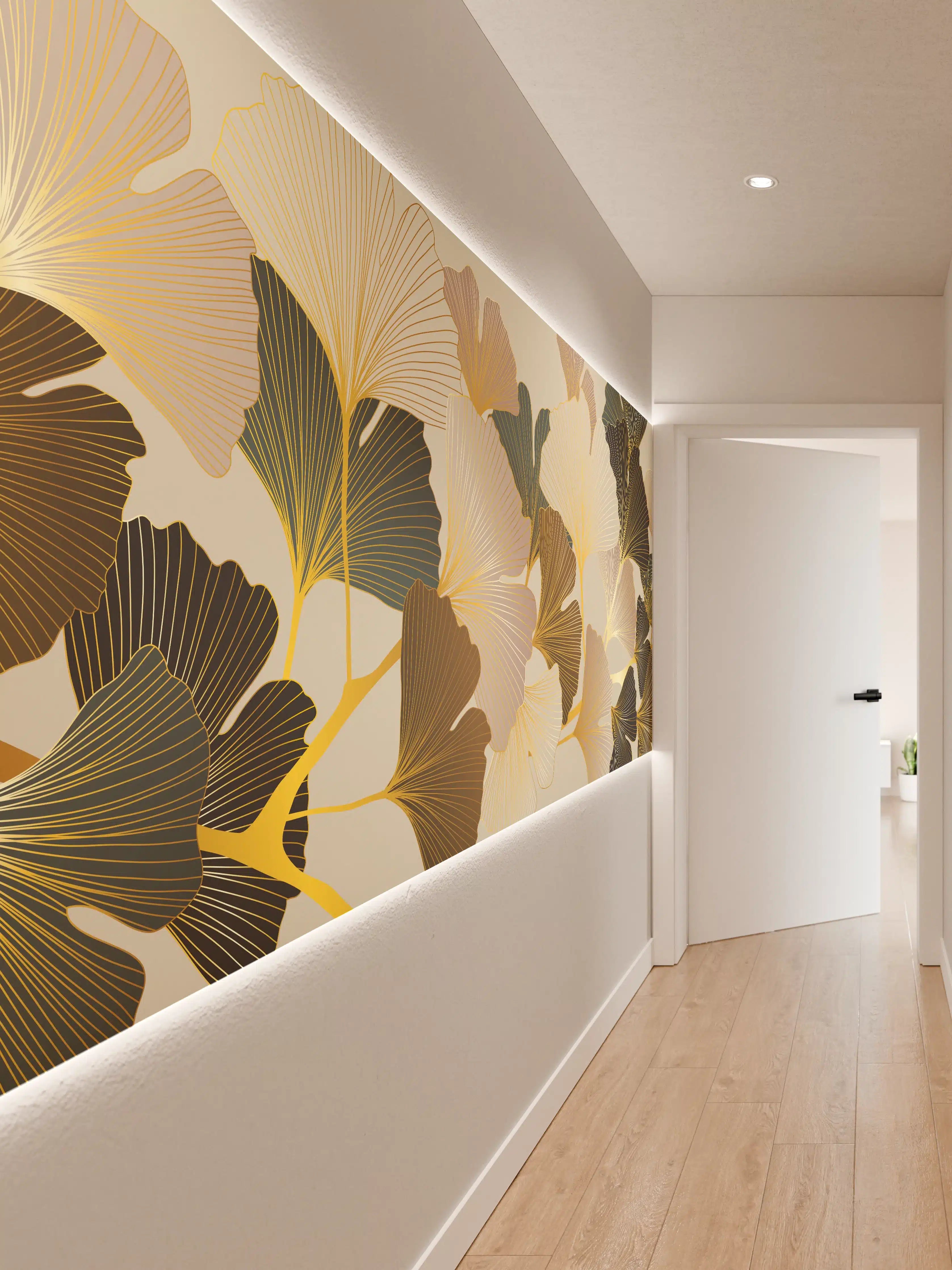 Wandverkleidung Flur - Ginkgo Blätter Design Beige