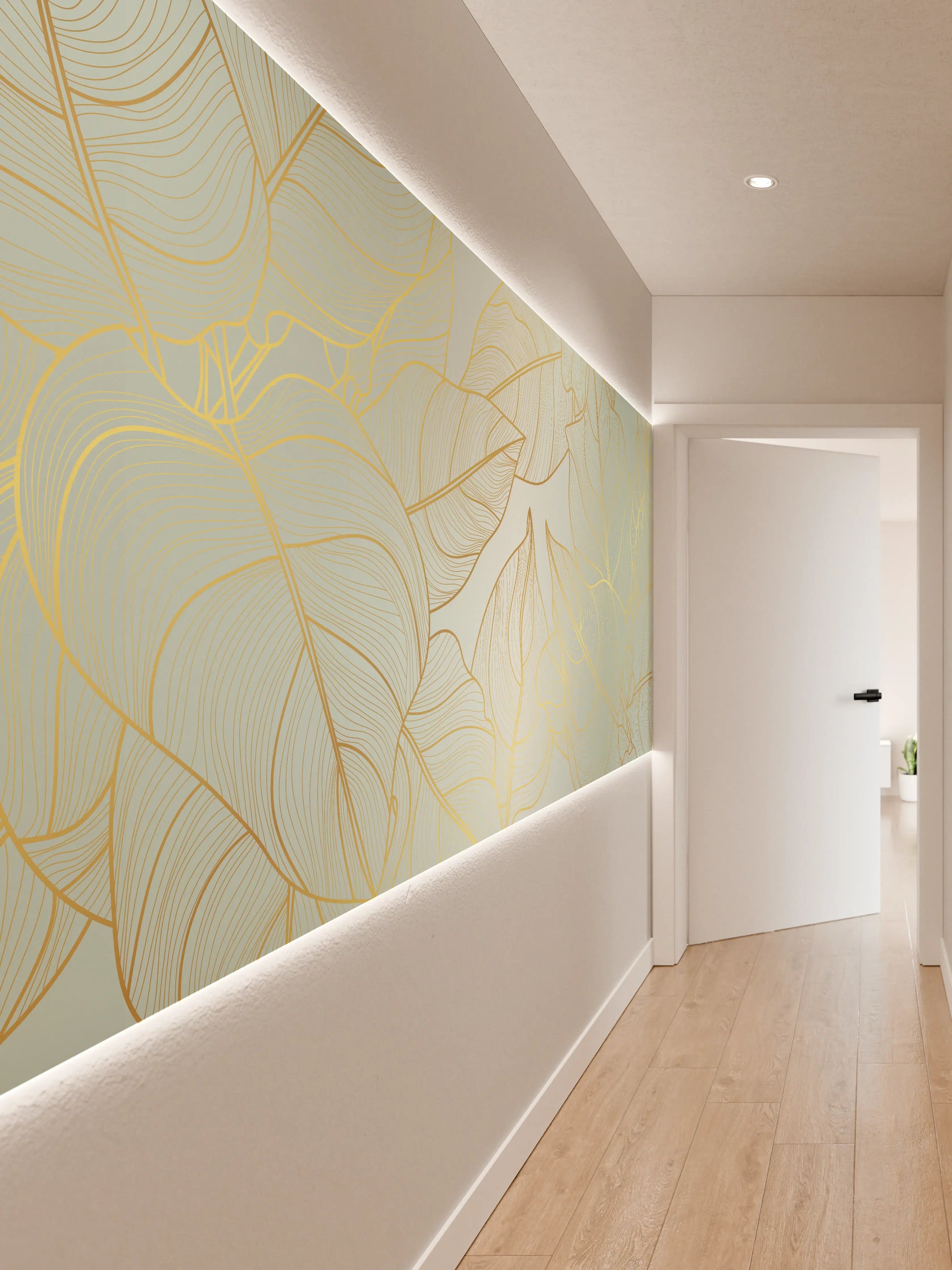 Wandverkleidung Flur - Gold-Beige Laub Design