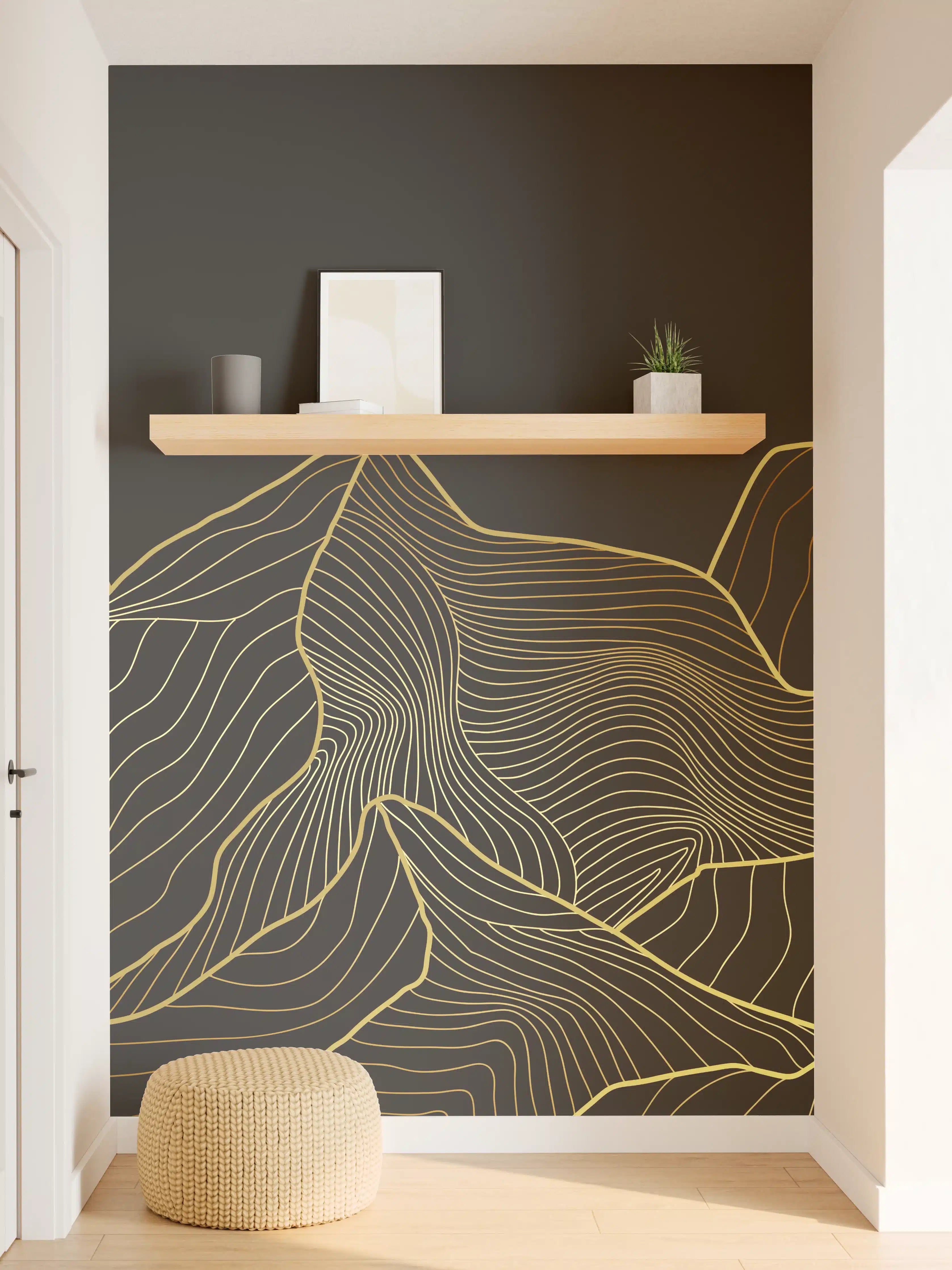Wandverkleidung Flur - Goldene Berglinien auf Schwarz