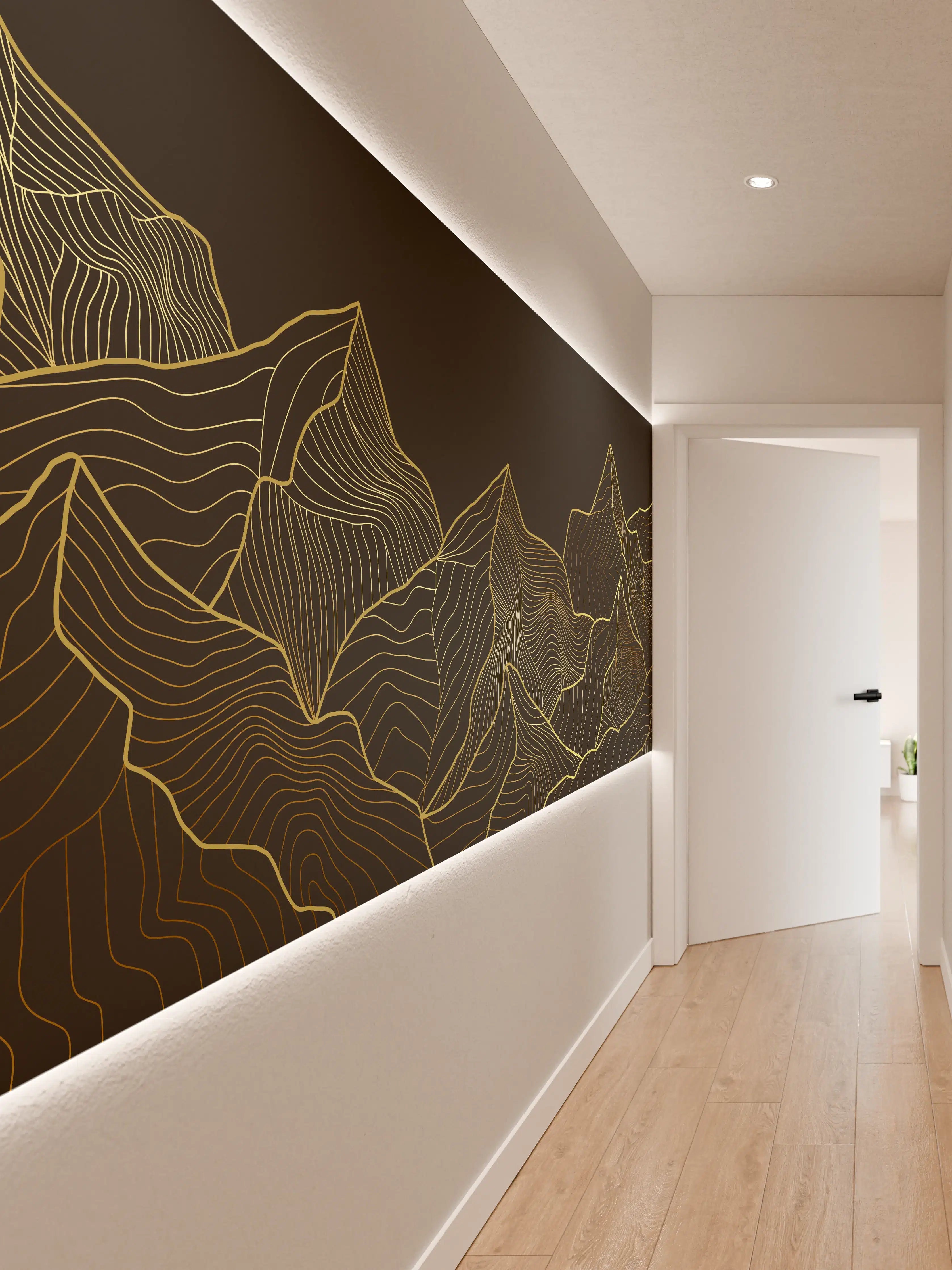 Wandverkleidung Flur - Goldene Berglinien auf Schwarz