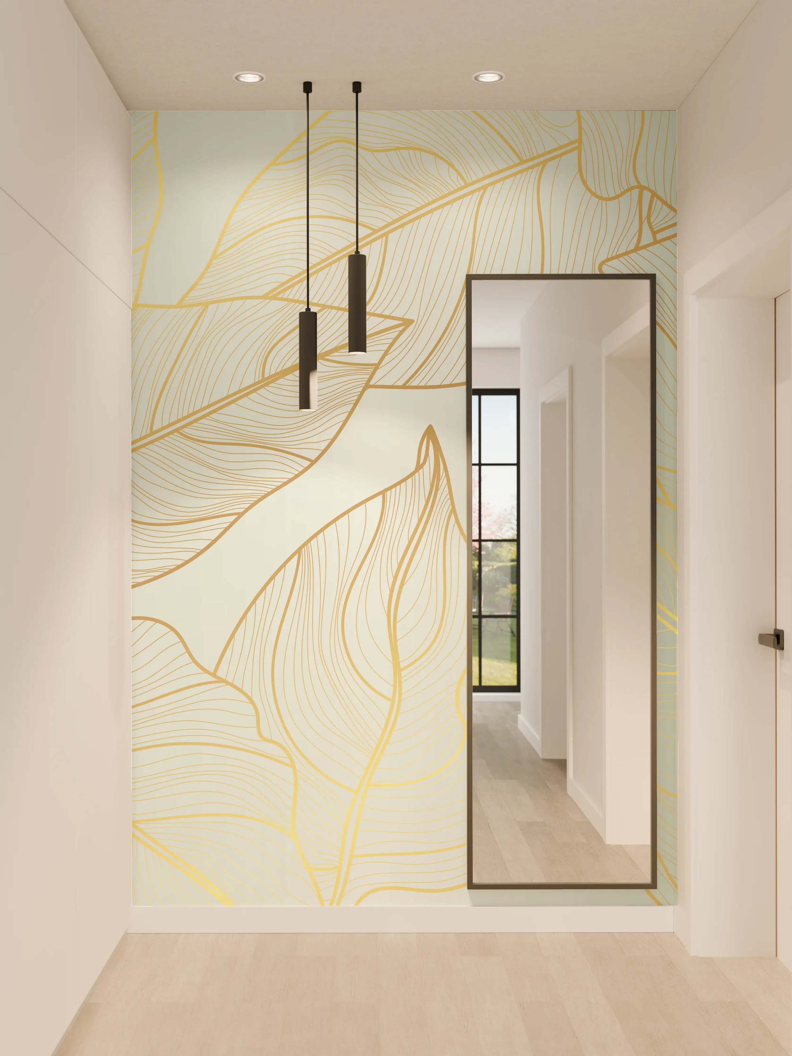 Wandverkleidung Flur - Goldene Blätter auf Hellgelb