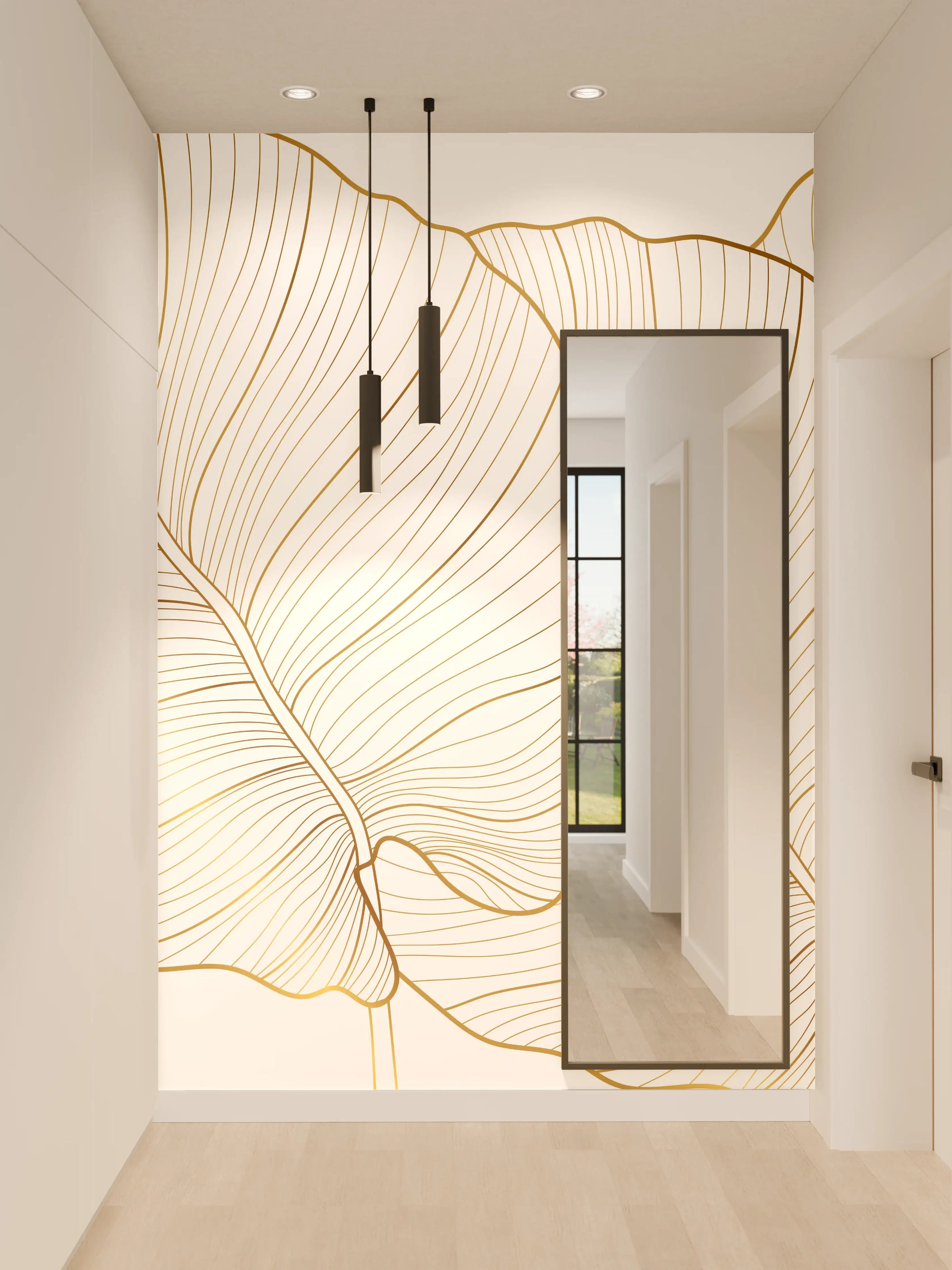 Wandverkleidung Flur - Goldene Blattstruktur auf Weiß