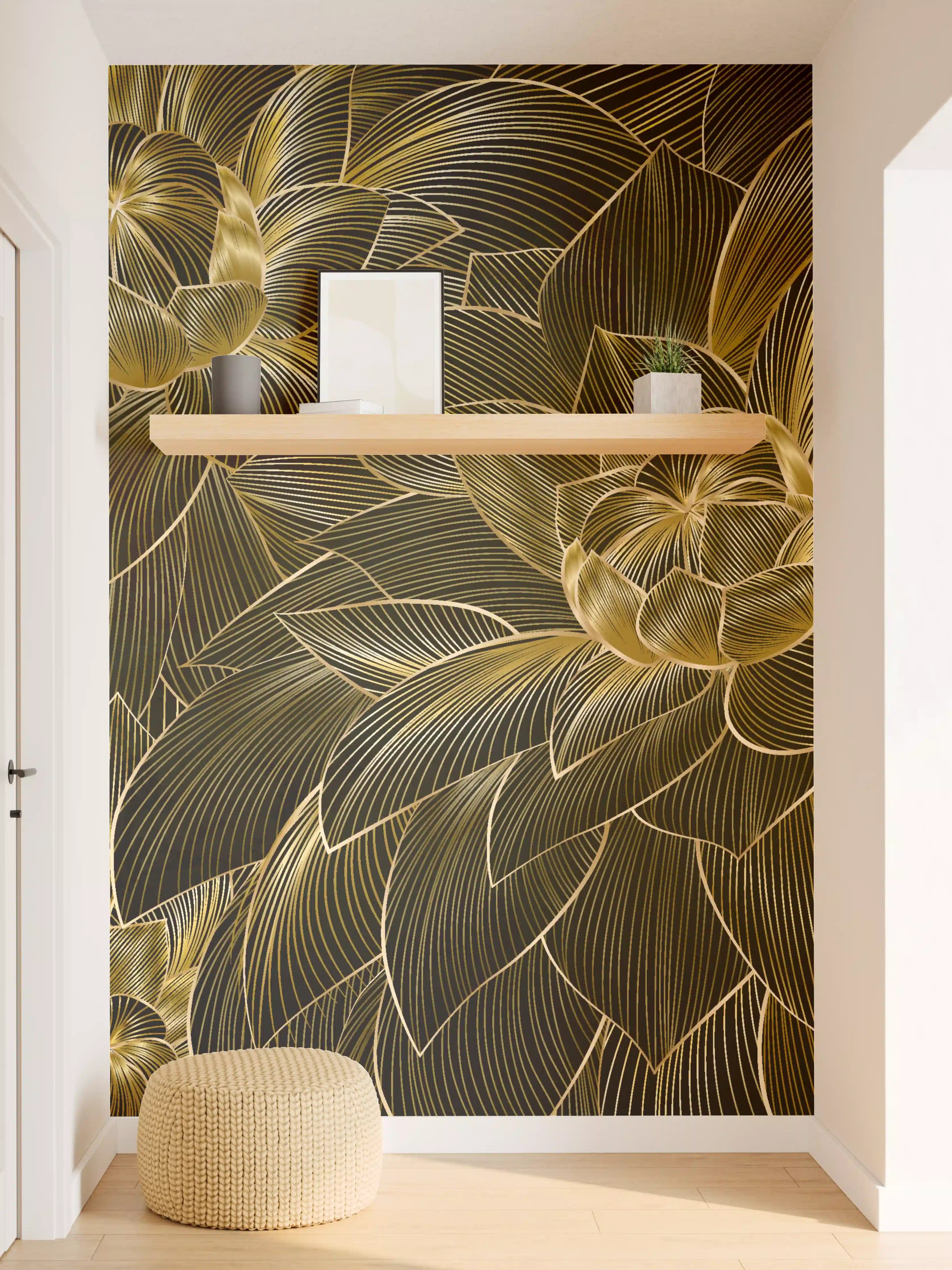 Wandverkleidung Flur - Goldene Blütenmuster Tapete