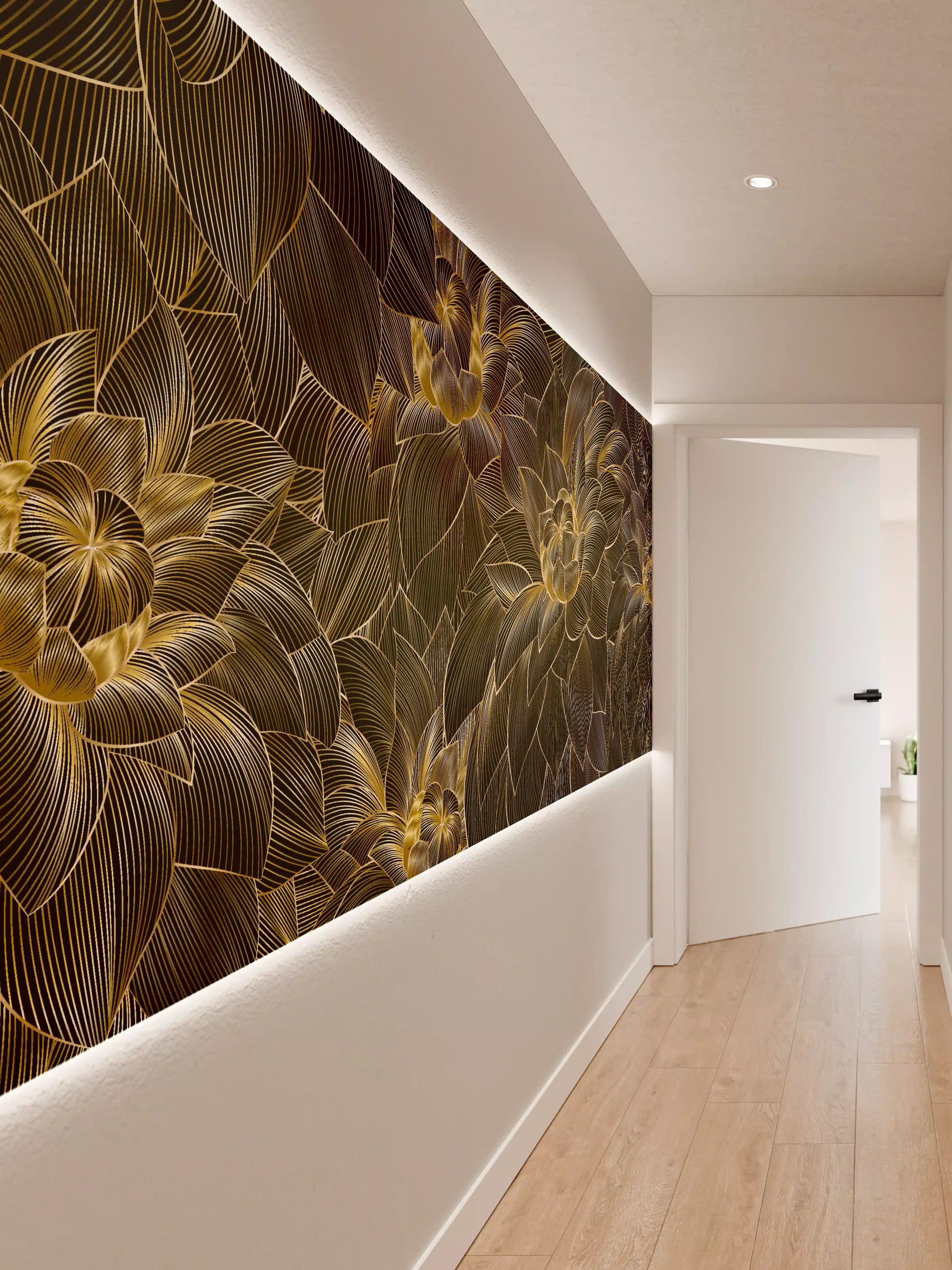 Wandverkleidung Flur - Goldene Blütenmuster Tapete