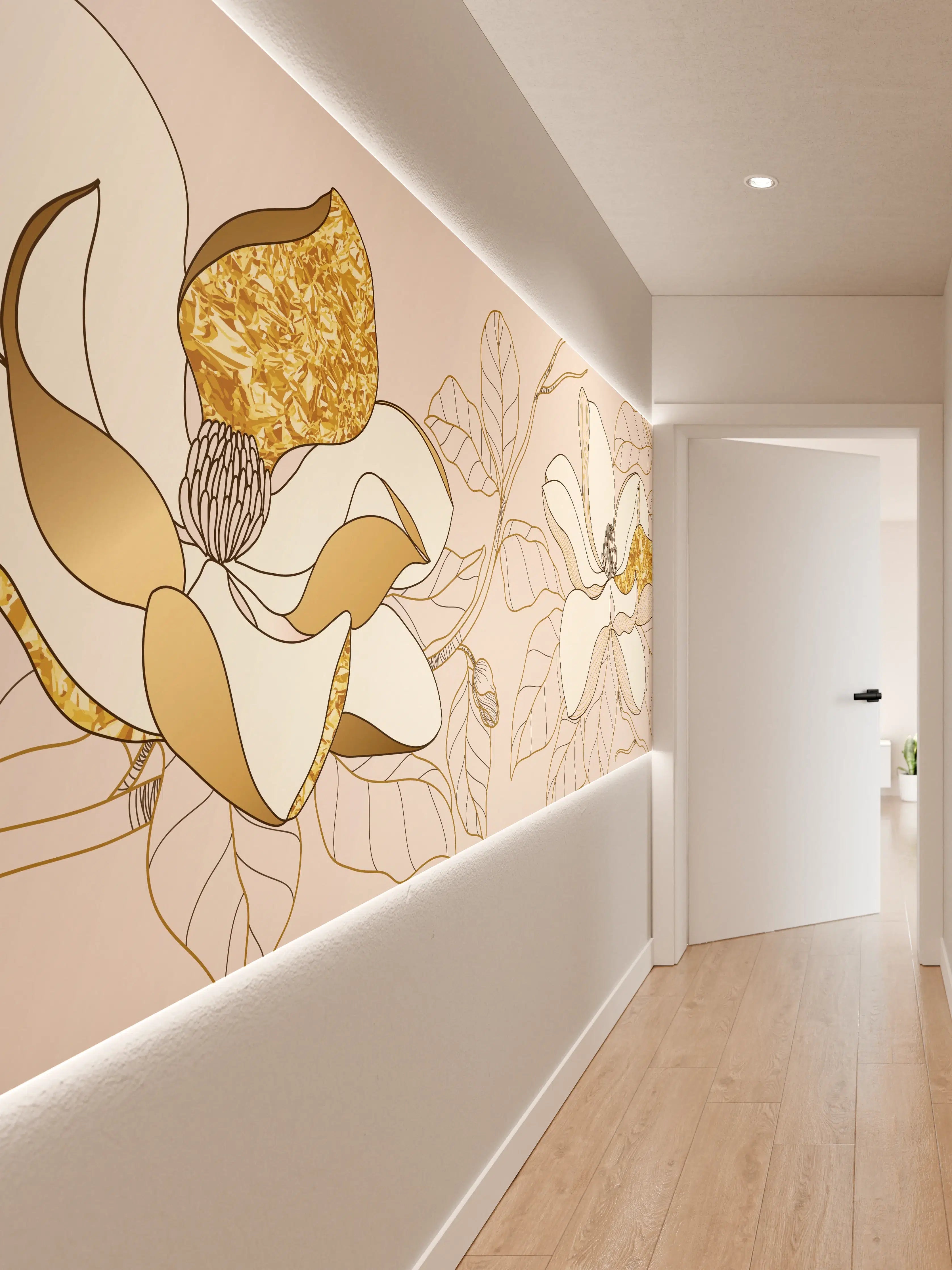 Wandverkleidung Flur - Goldene Blumenmuster Illustration