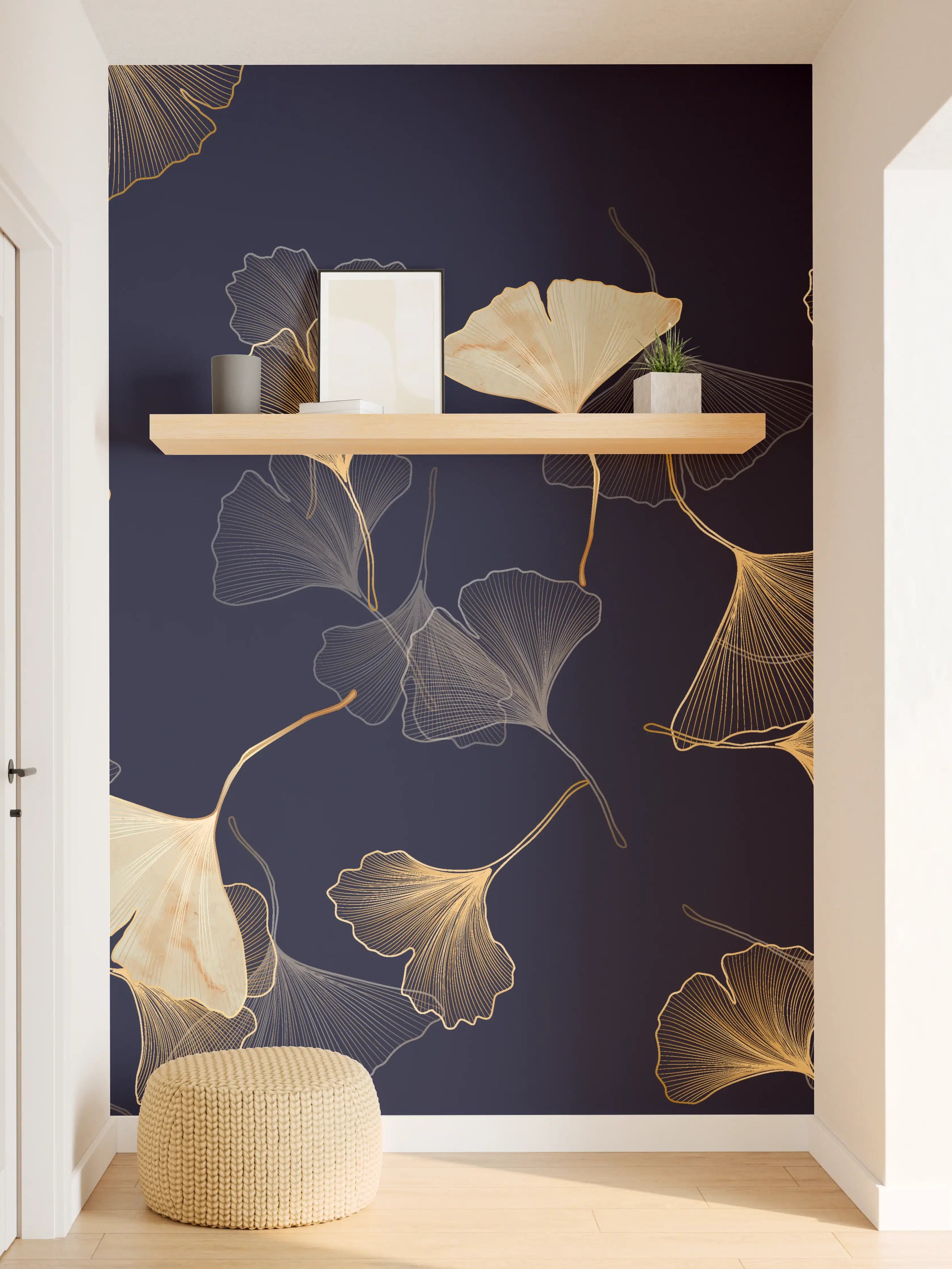 Wandverkleidung Flur - Goldene Ginkgo Blatt Design Tapete