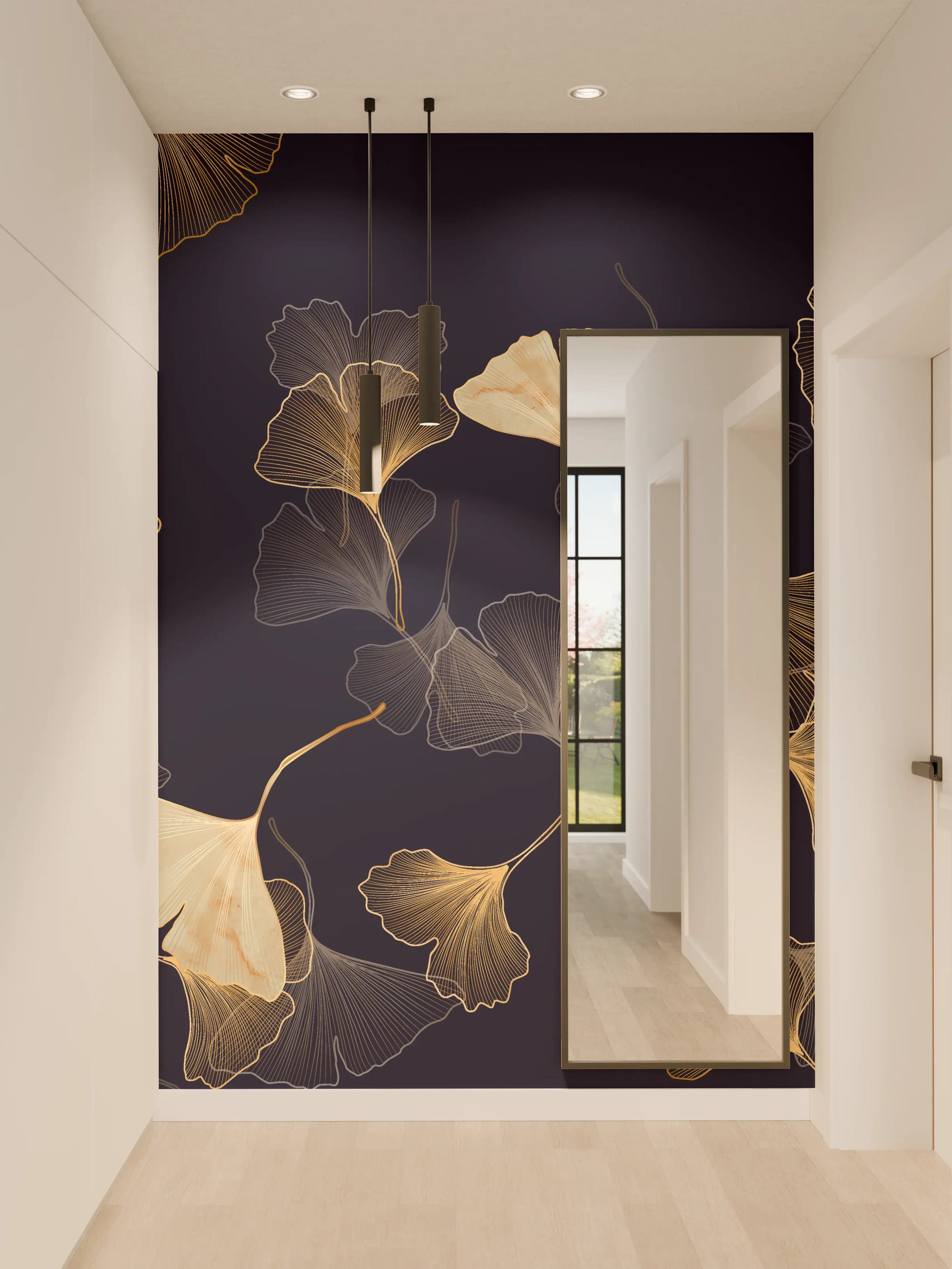 Wandverkleidung Flur - Goldene Ginkgo Blatt Design Tapete