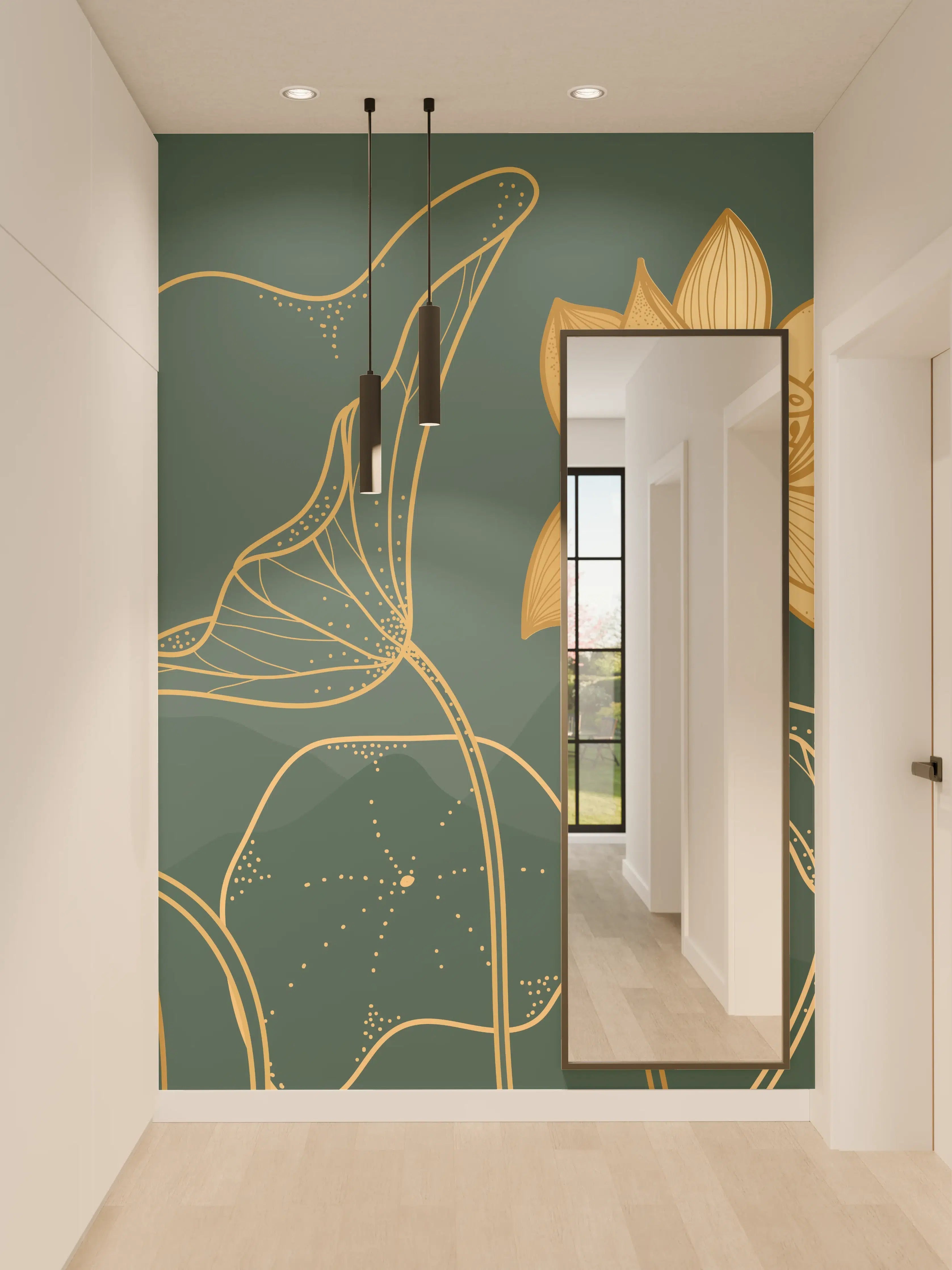 Wandverkleidung Flur - Goldene Lotus Linienzeichnung