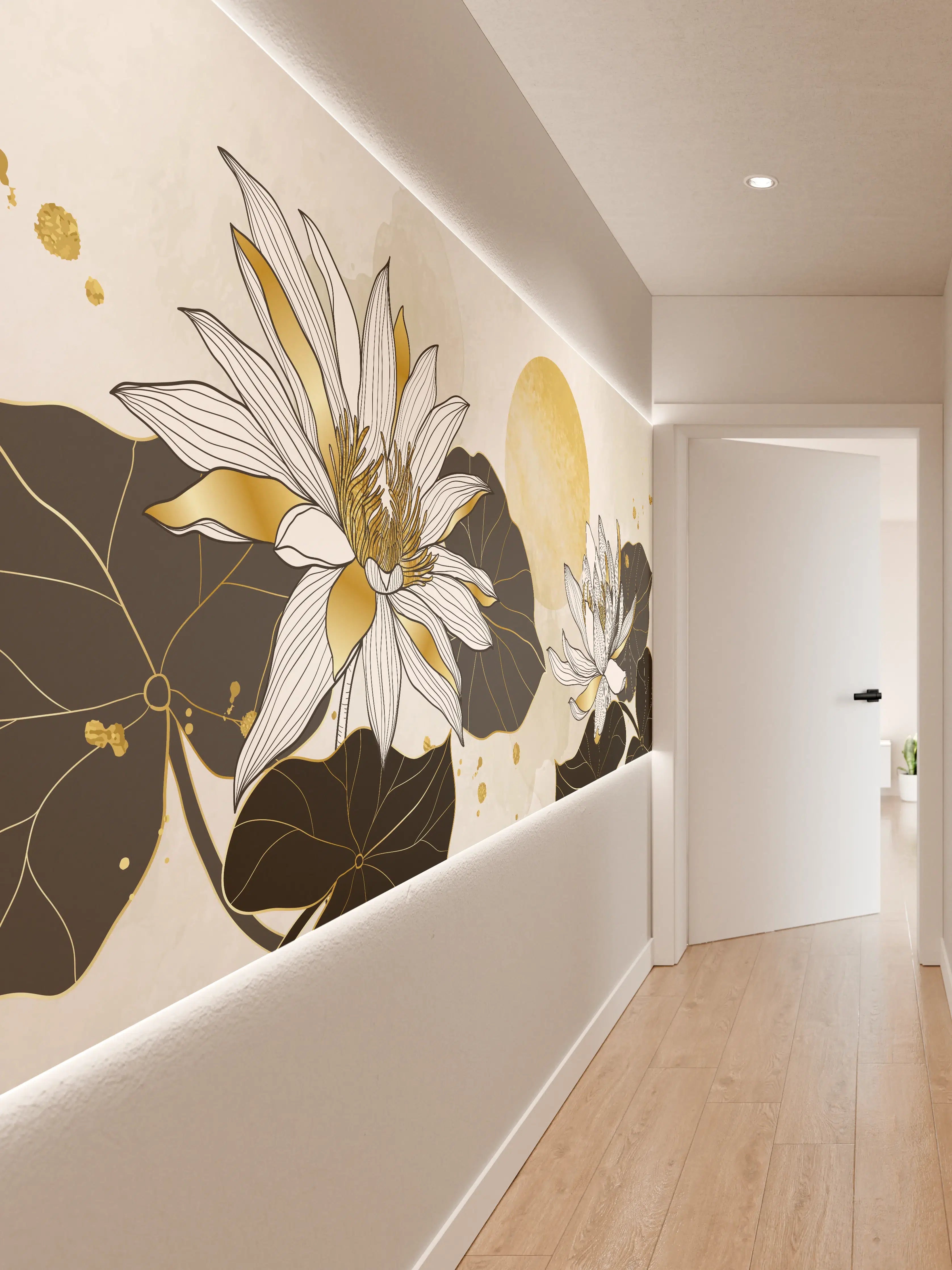 Wandverkleidung Flur - Goldene Lotusblüten Illustration