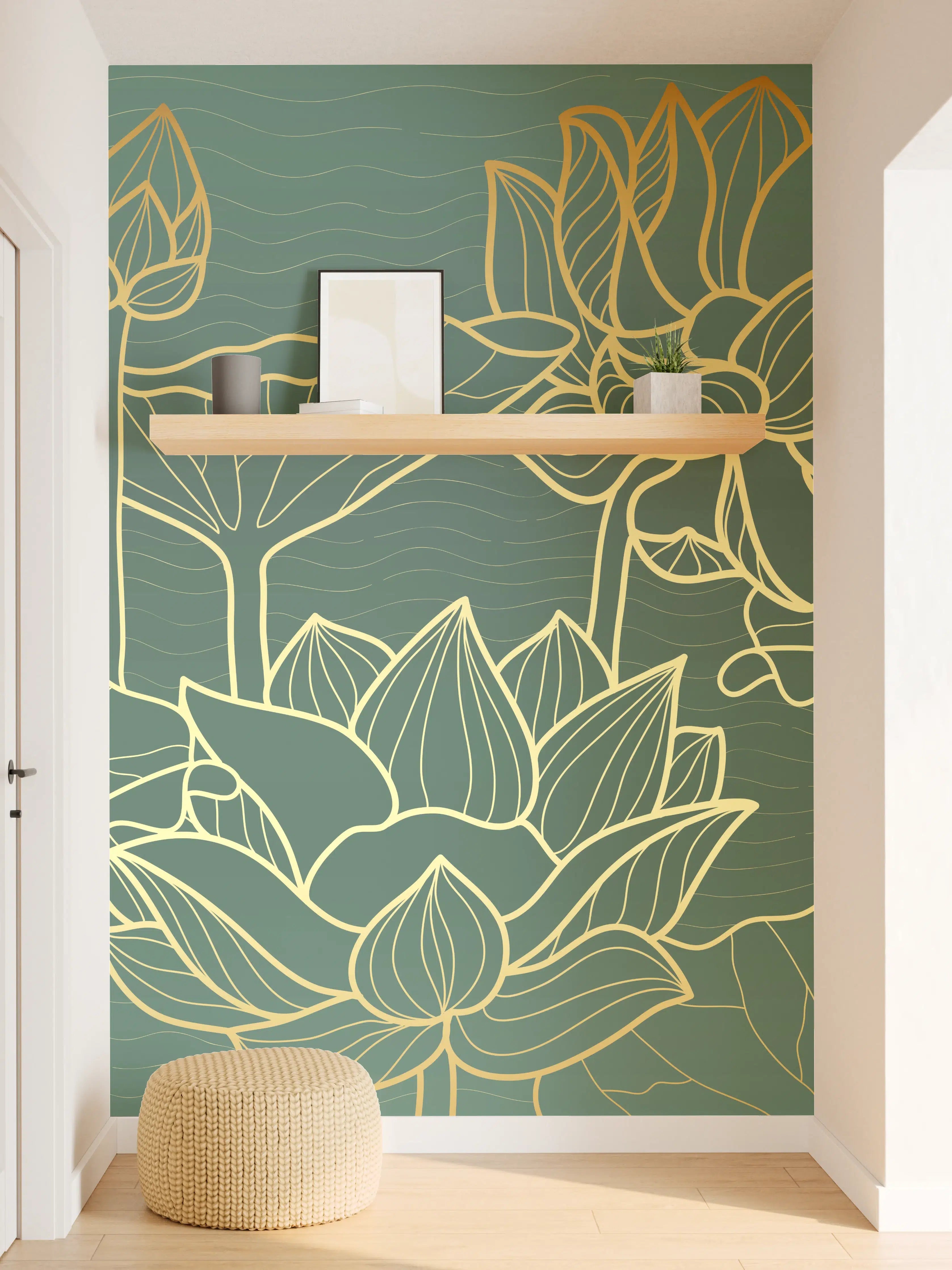 Wandverkleidung Flur - Goldene Lotusblumen Kunstwerk