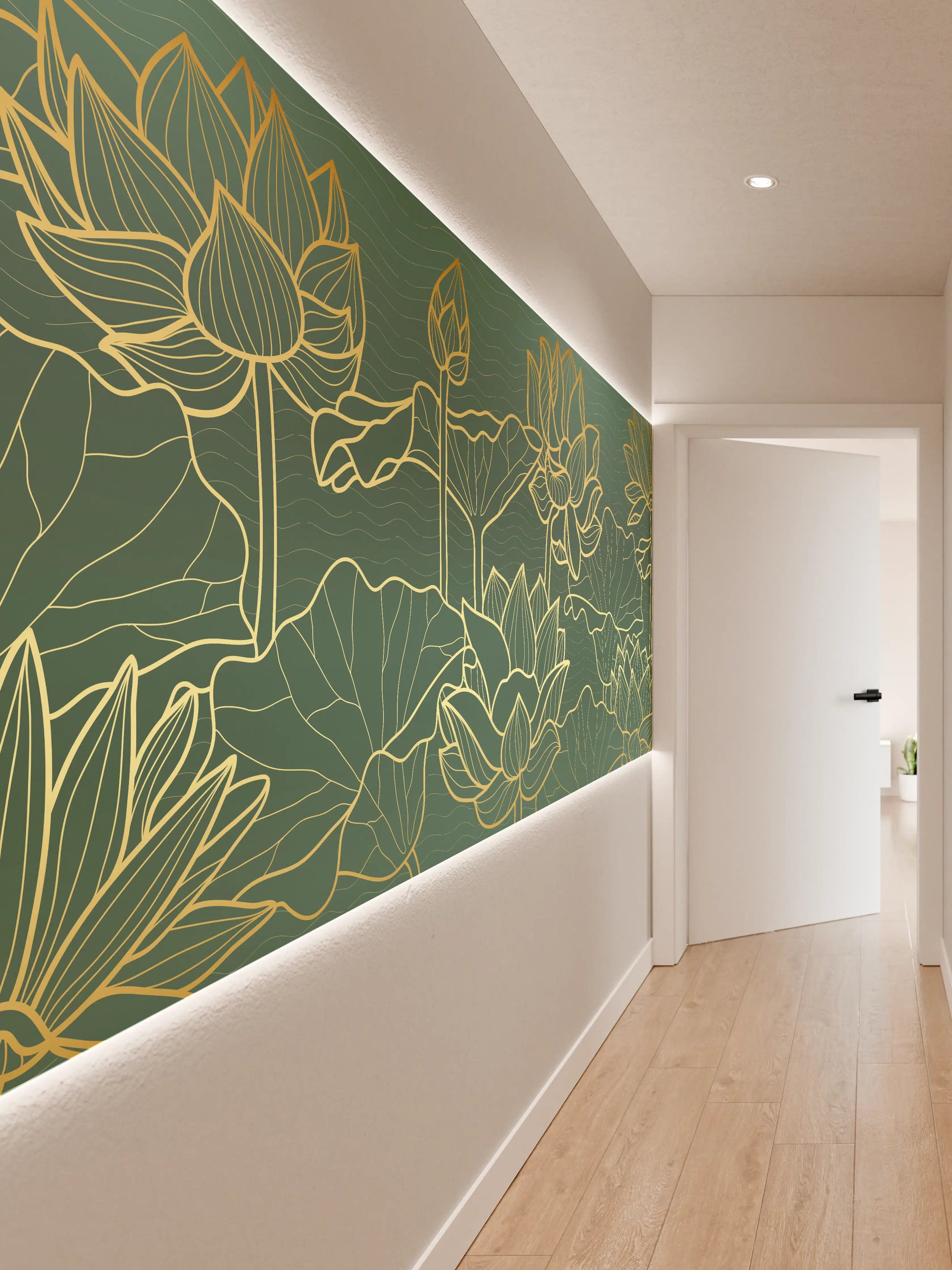 Wandverkleidung Flur - Goldene Lotusblumen Kunstwerk