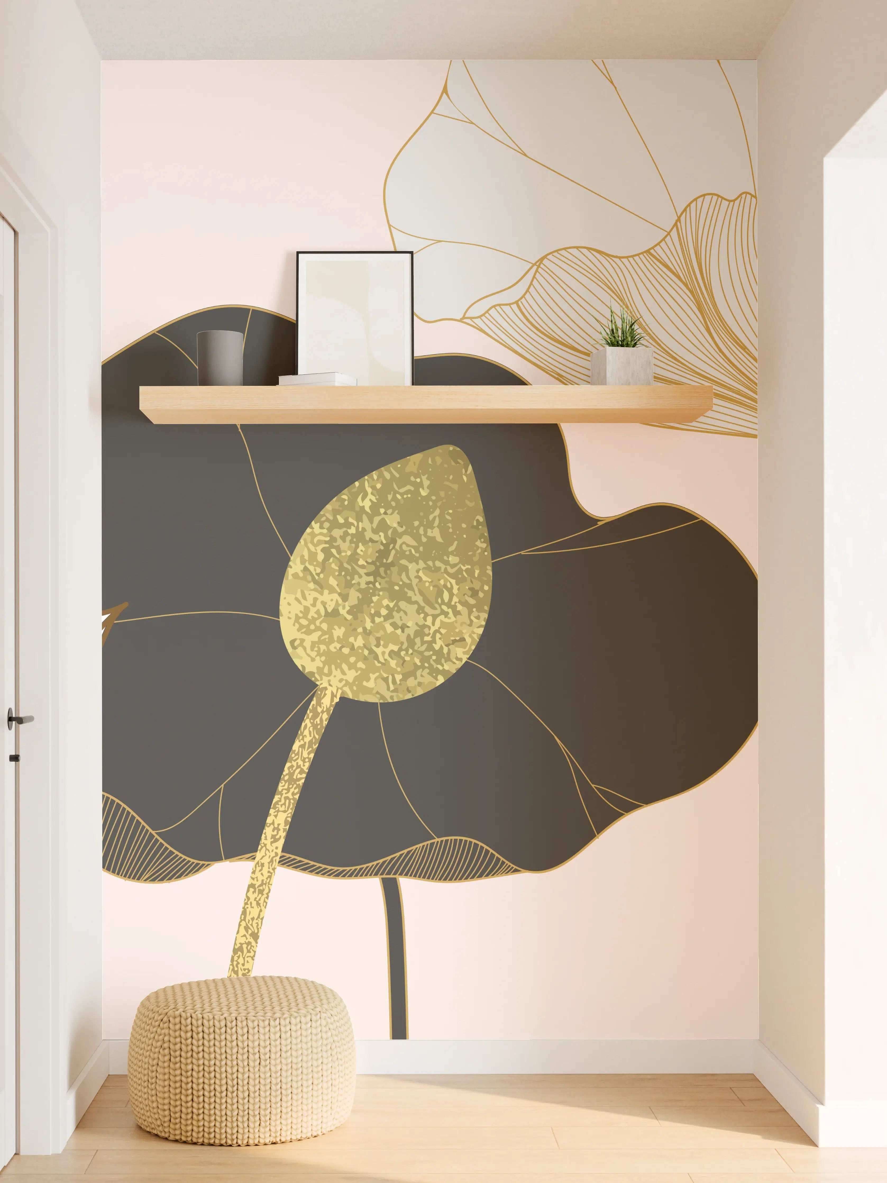 Wandverkleidung Flur - Goldene Lotusblumen auf Schwarz