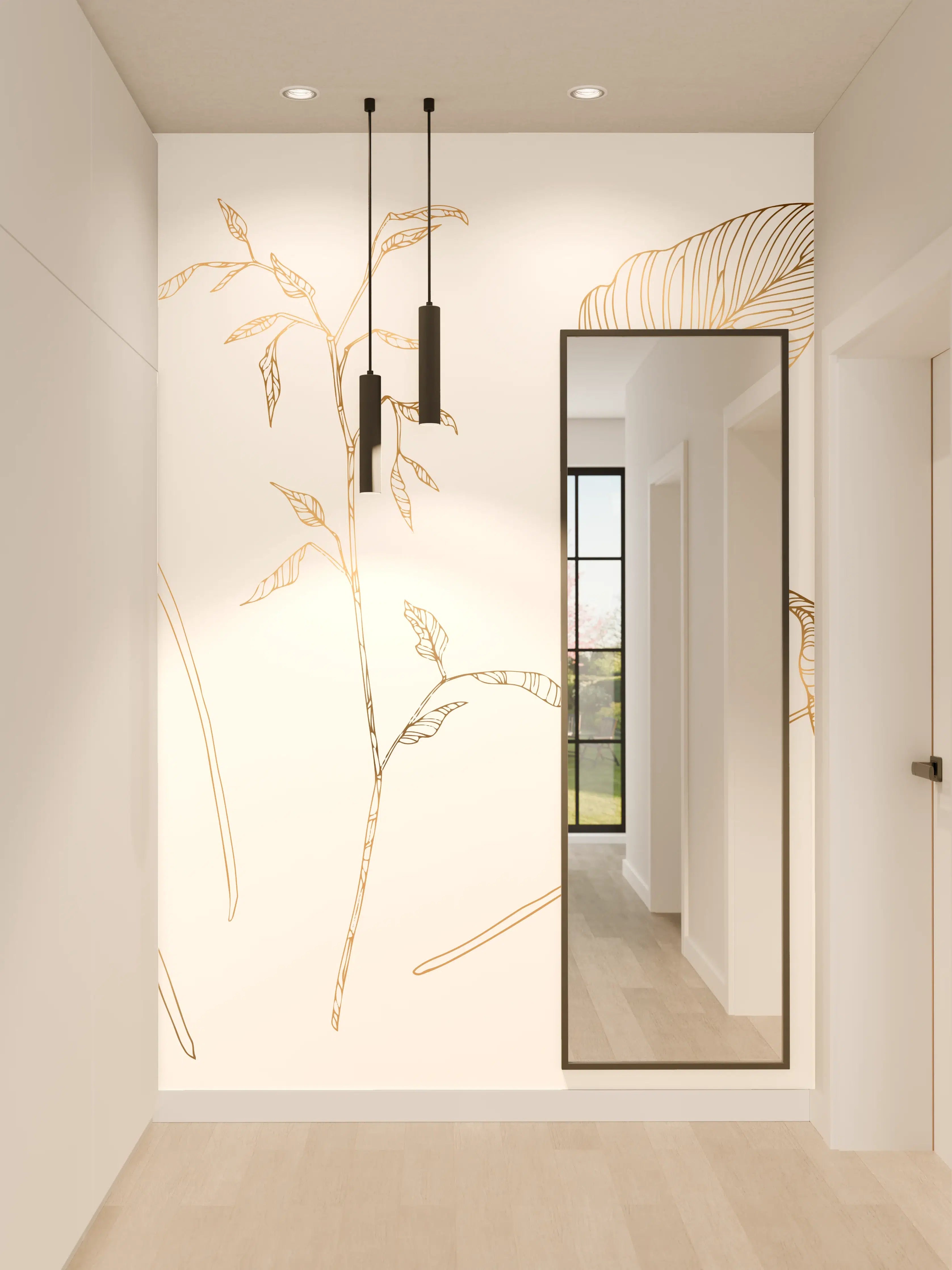 Wandverkleidung Flur - Goldene Pflanzenlinien Zeichnung