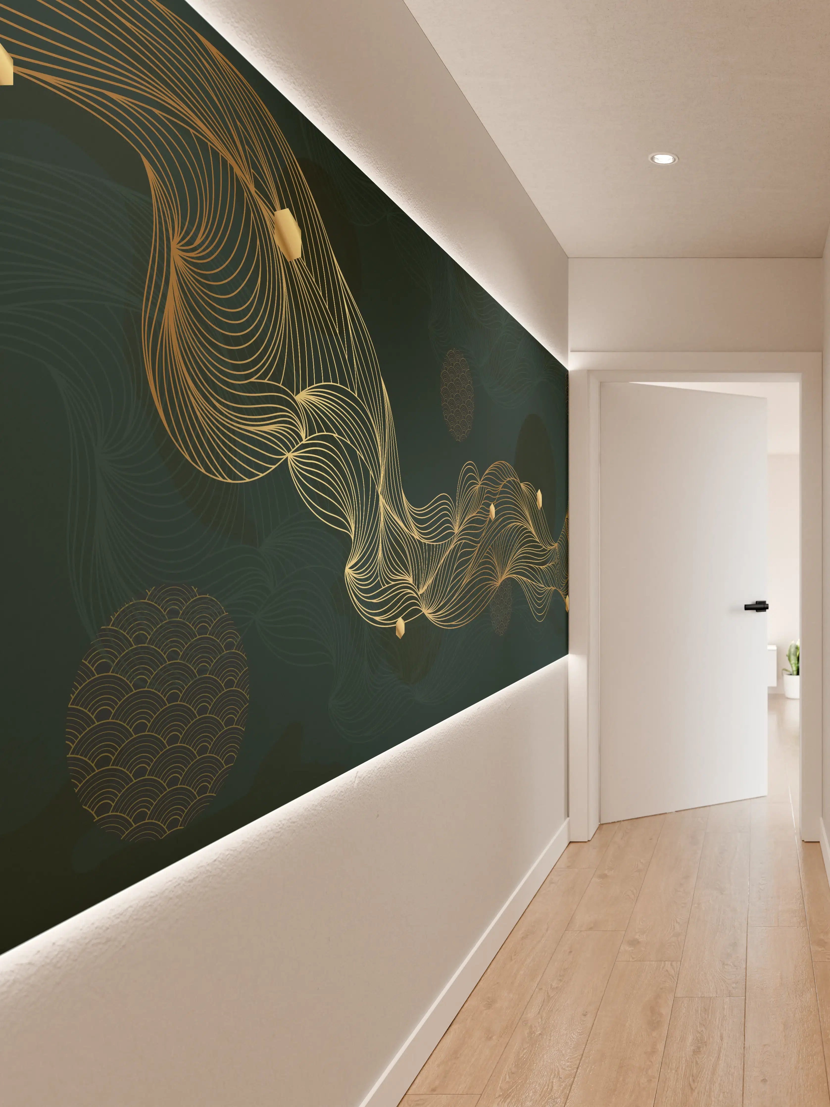 Wandverkleidung Flur - Goldene Wellenlinien auf Dunkelblau