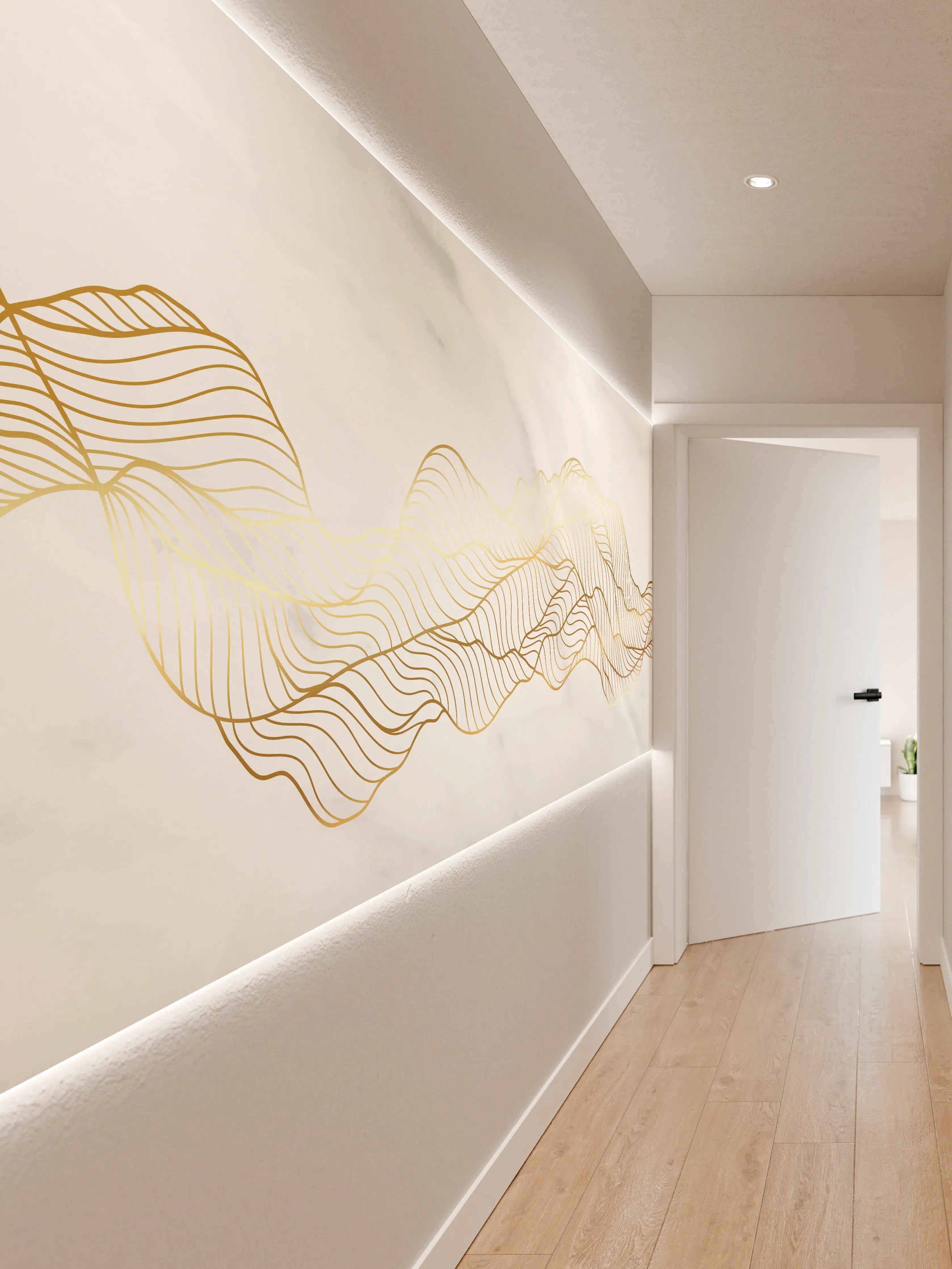 Wandverkleidung Flur - Goldene Wellenlinien auf Marmor