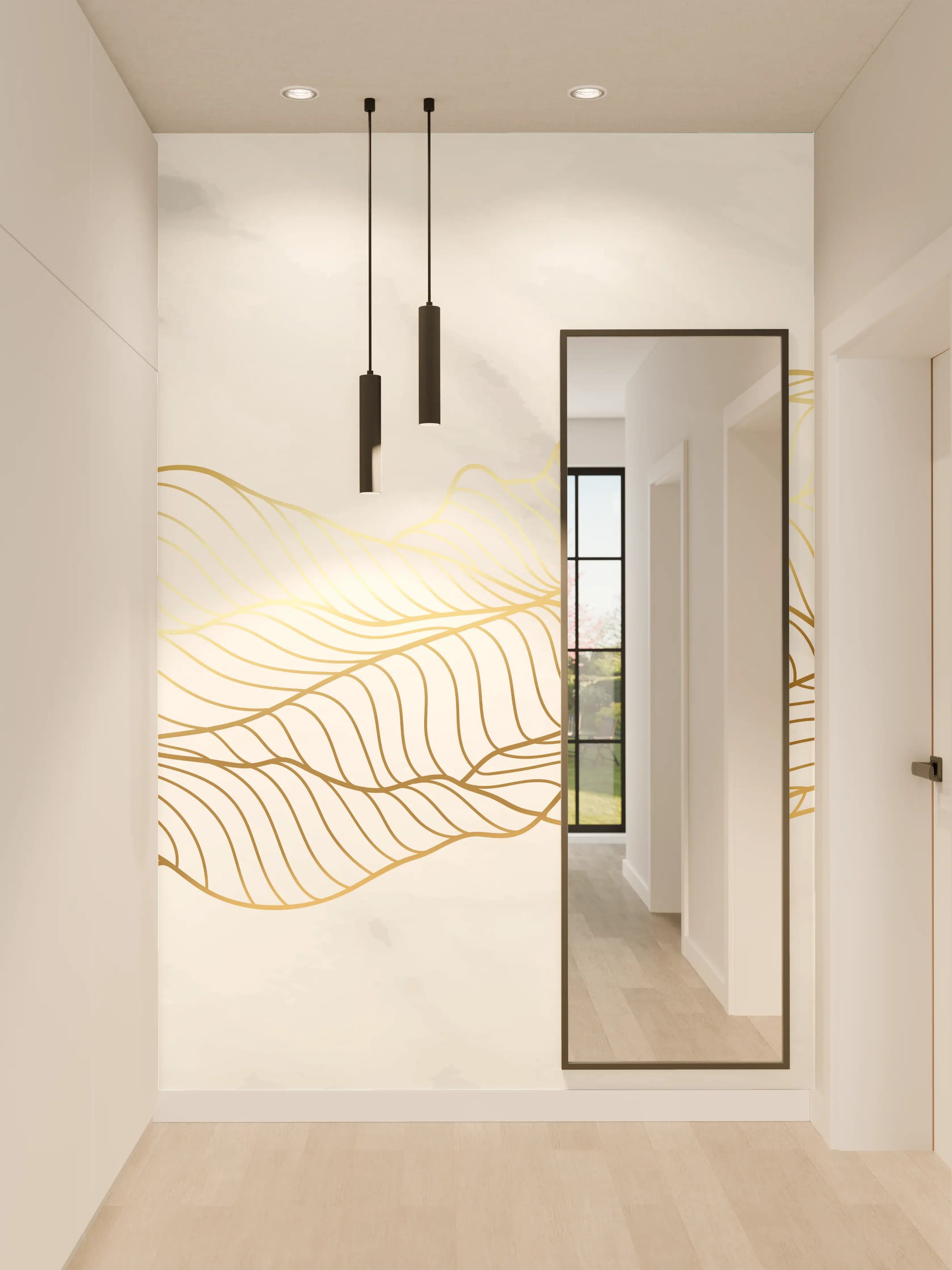 Wandverkleidung Flur - Goldene Wellenlinien auf Marmor