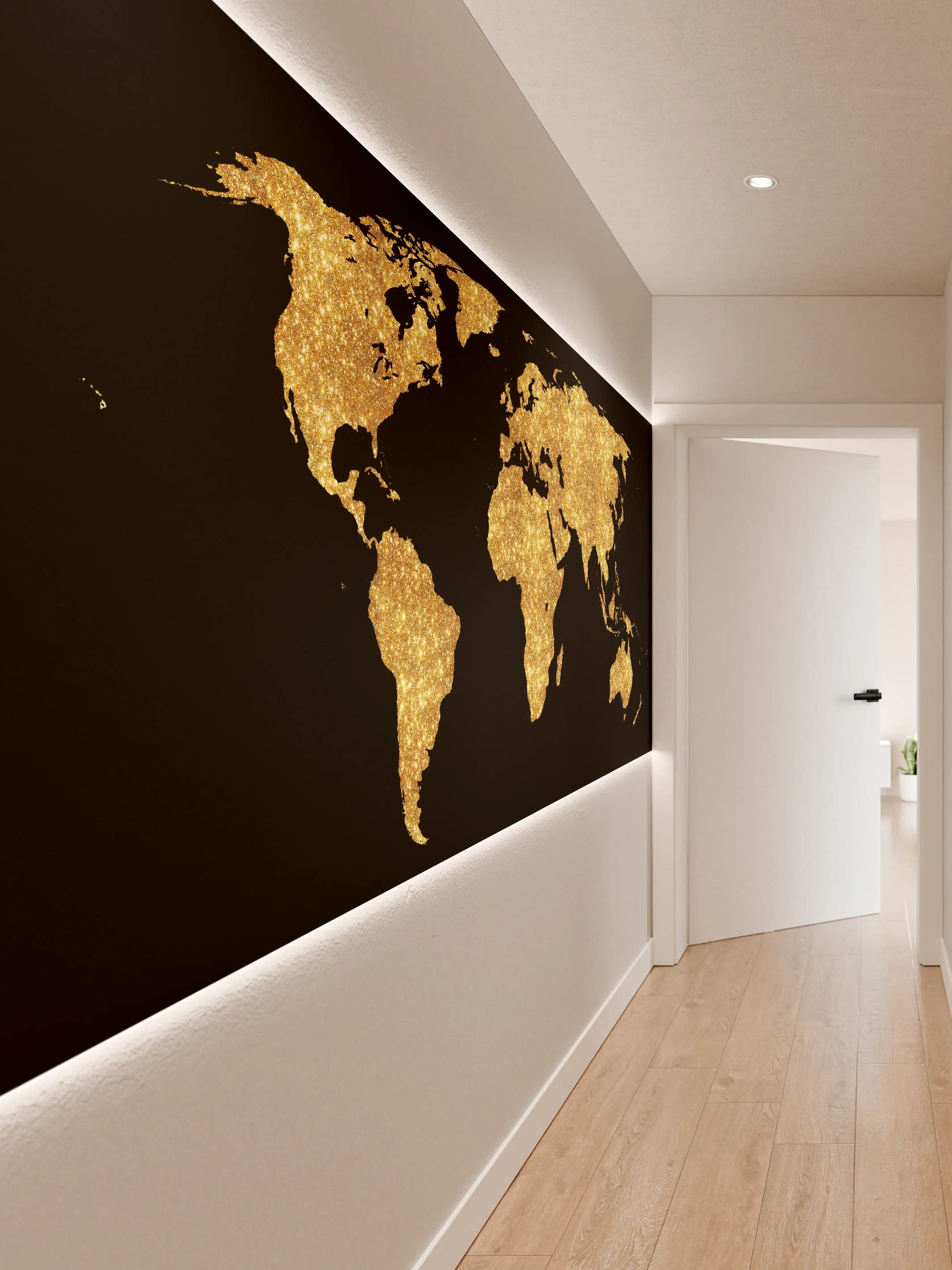 Wandverkleidung Flur - Goldene Weltkarte Nachtlicht