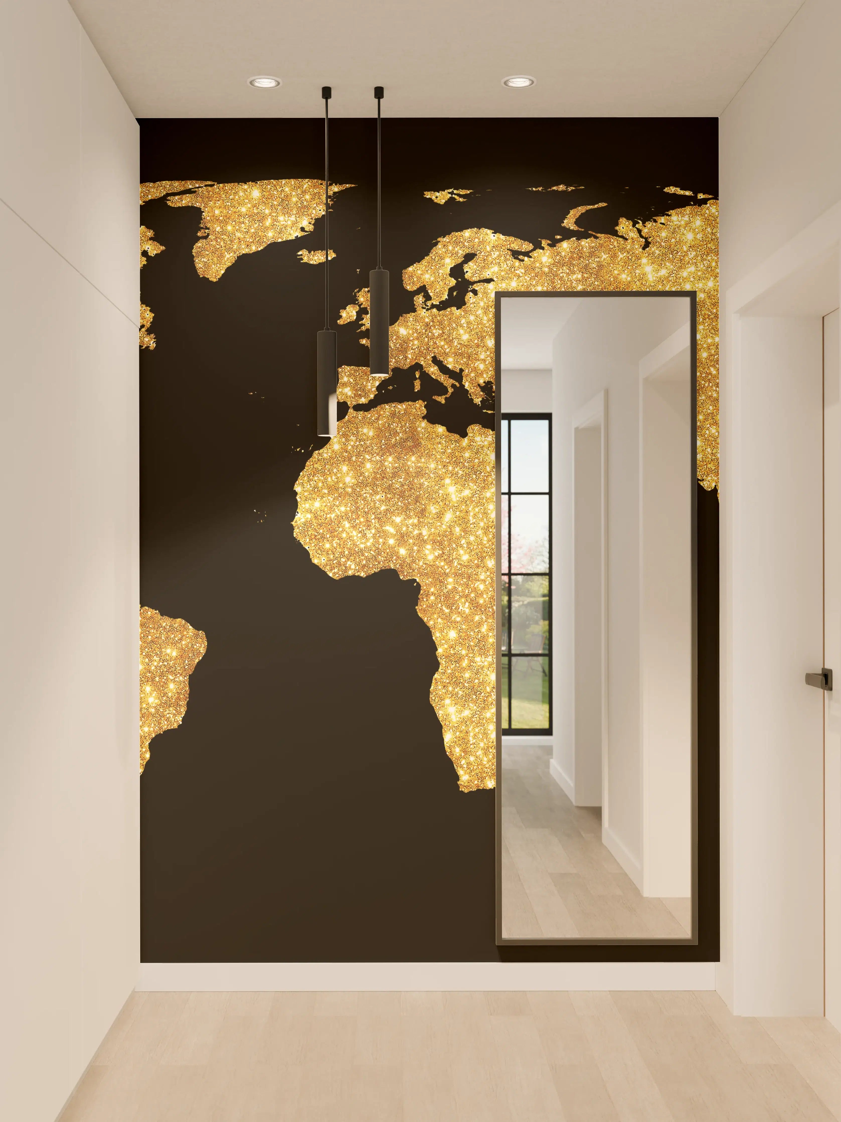 Wandverkleidung Flur - Goldene Weltkarte Nachtlicht