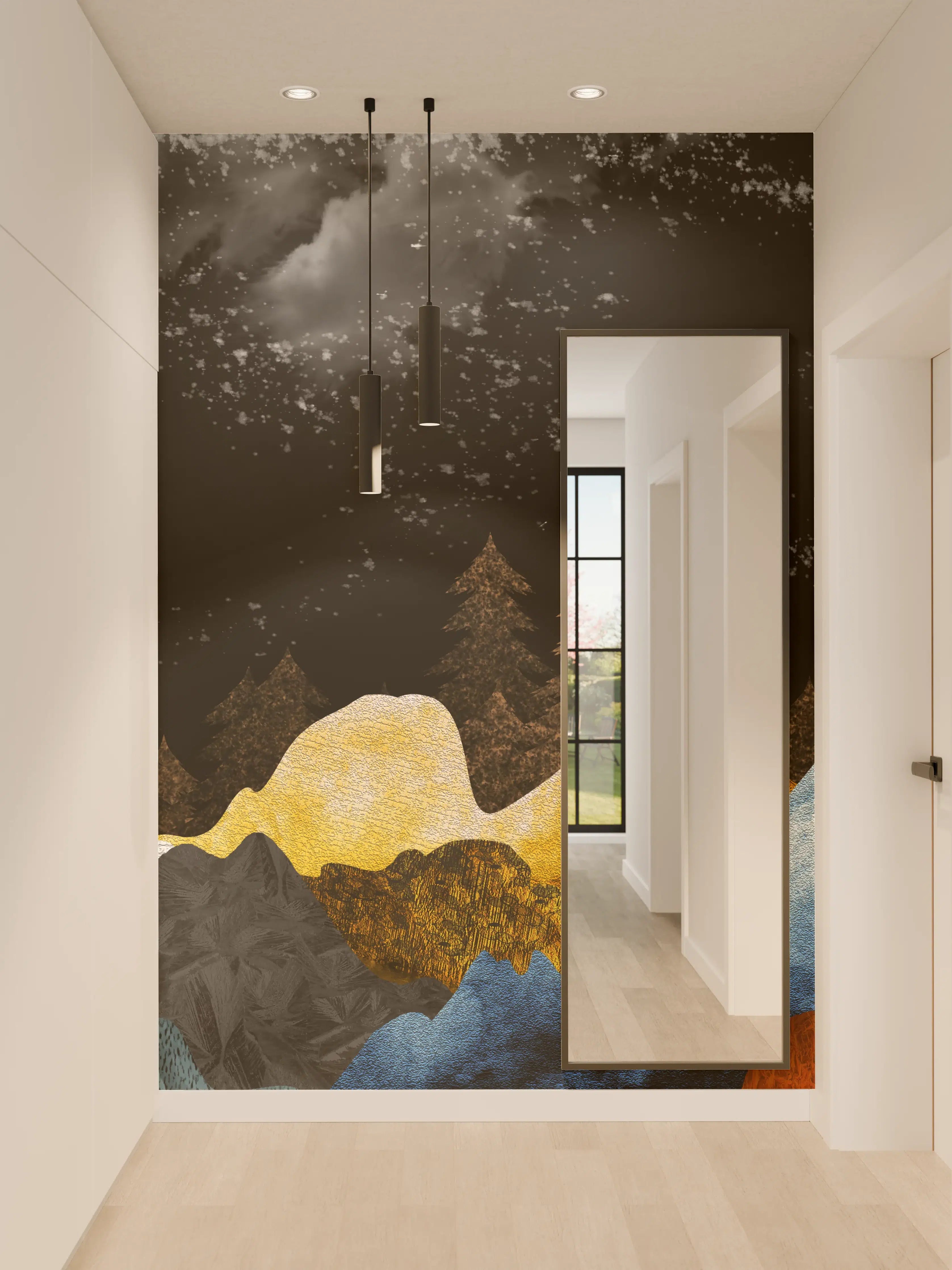 Wandverkleidung Flur - Goldene Winterberge Wandtapete