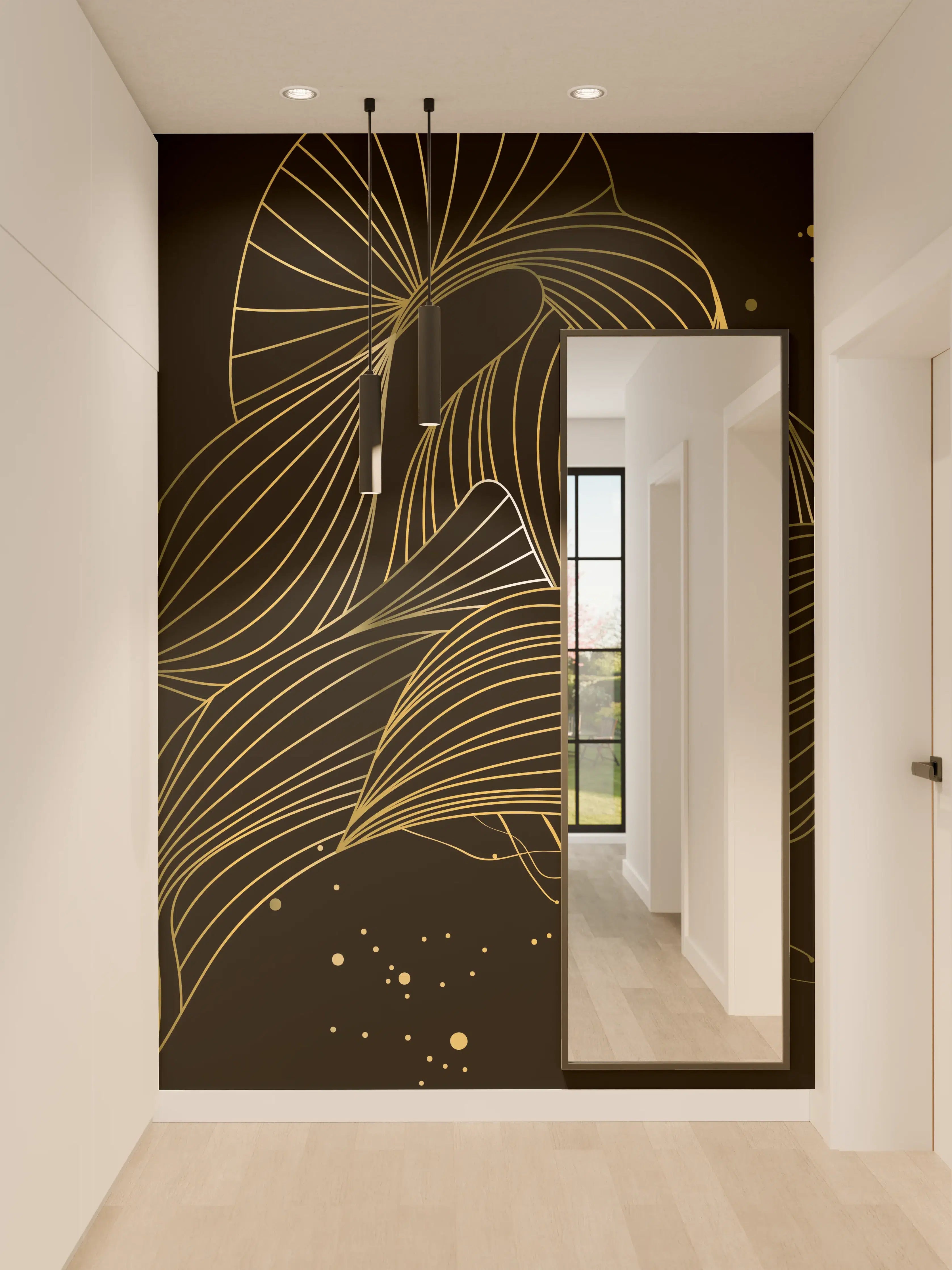 Wandverkleidung Flur - Goldenes Linienmuster auf Schwarz
