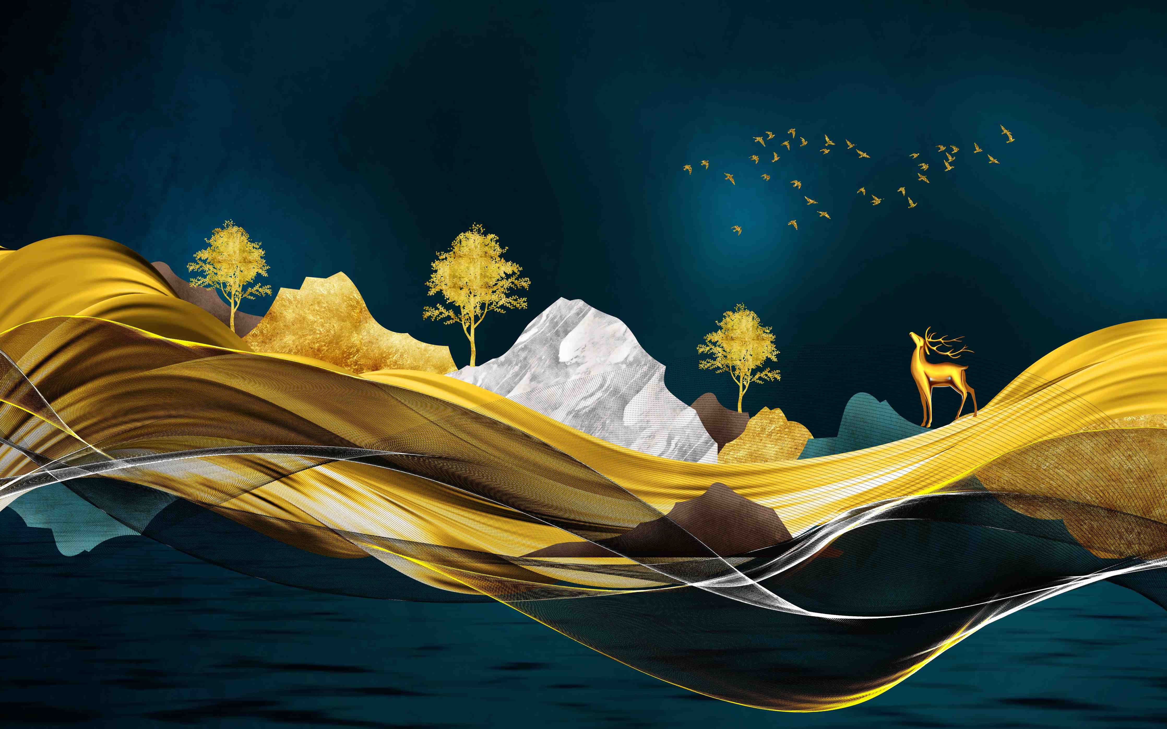 Wandverkleidung Flur-Goldenes Wellendesign - 3D