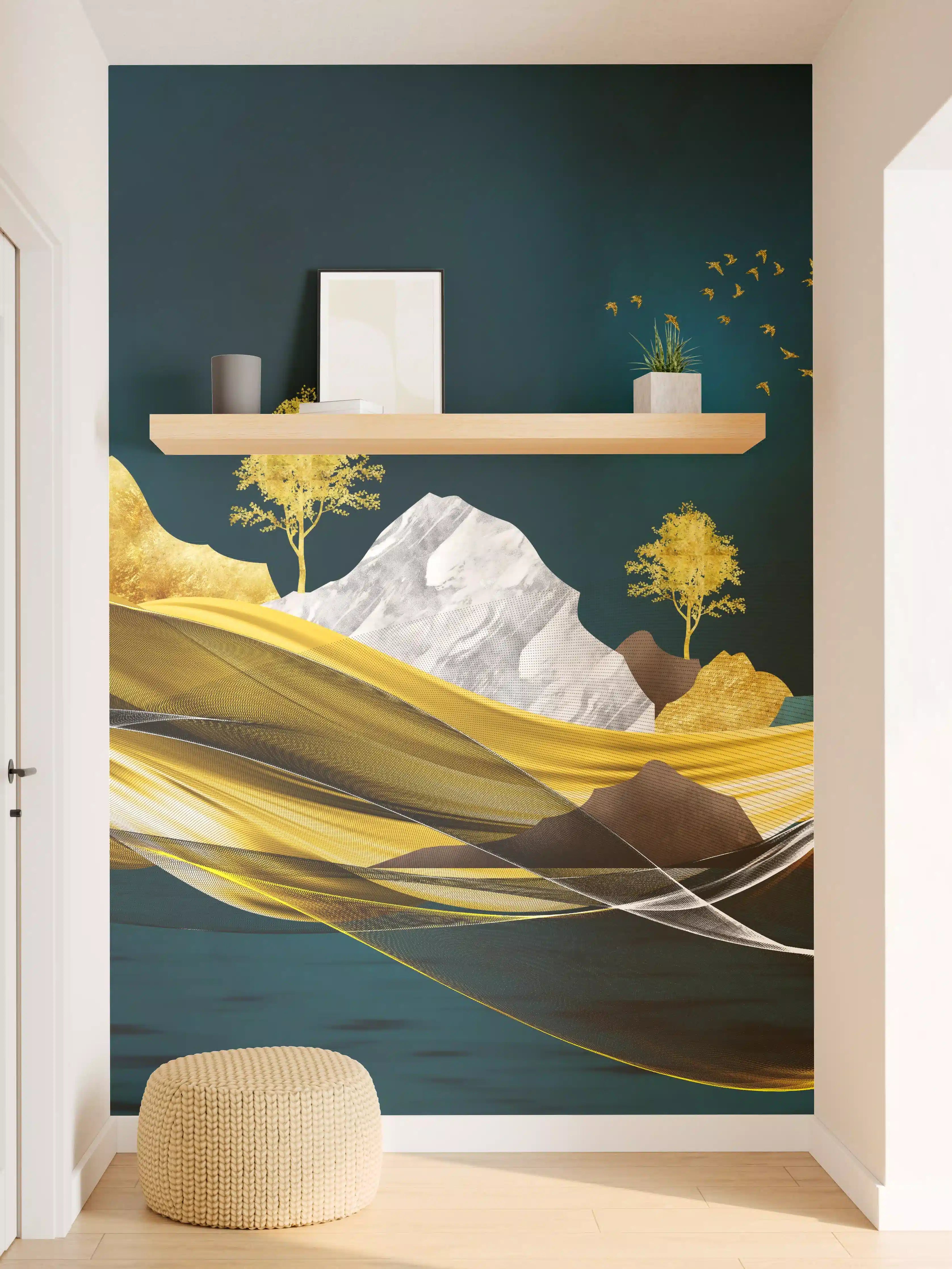 Wandverkleidung Flur - Goldenes Wellendesign - 3D
