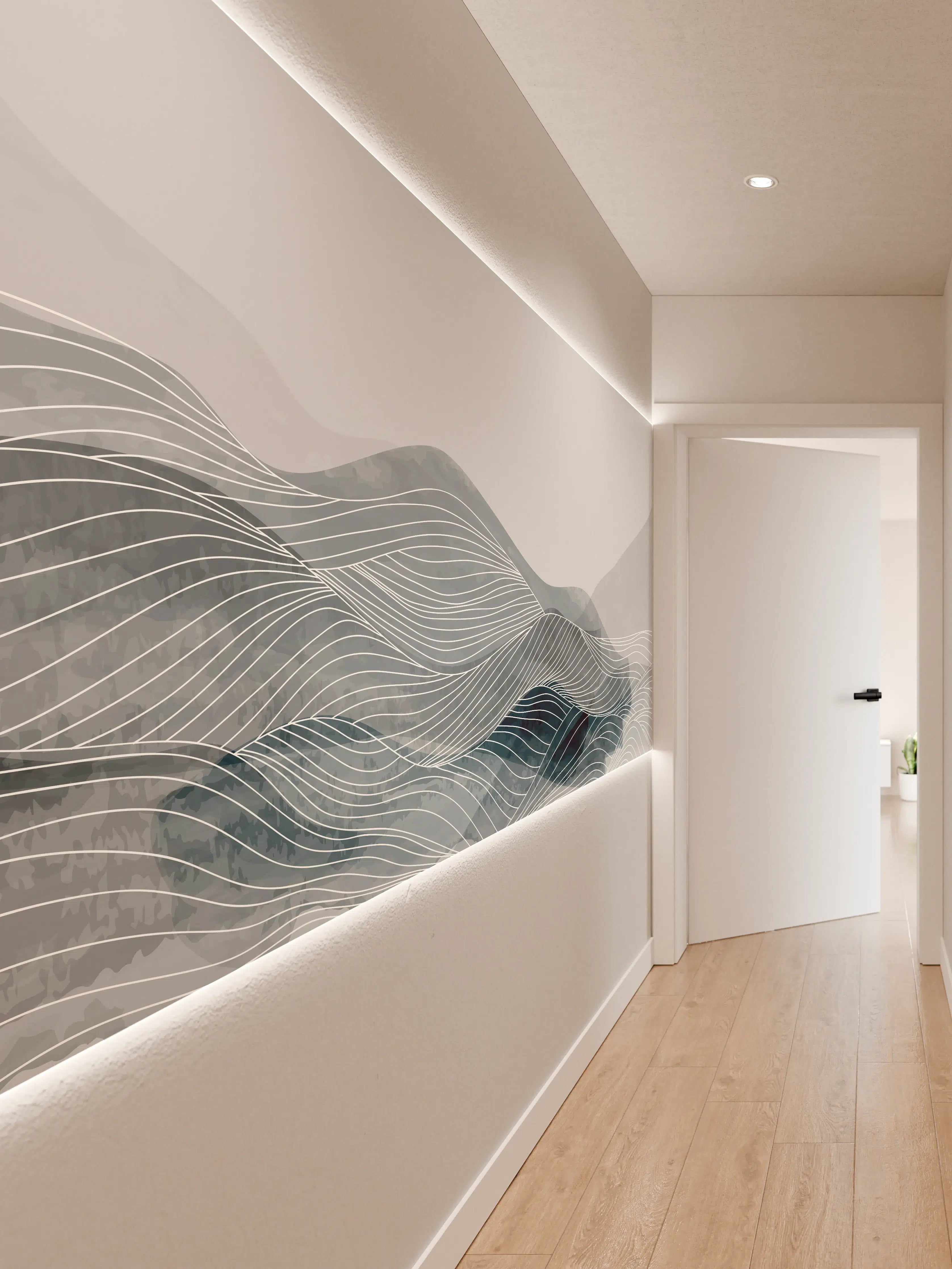 Wandverkleidung Flur - Grau-Weiße Wellenlinien Kunst