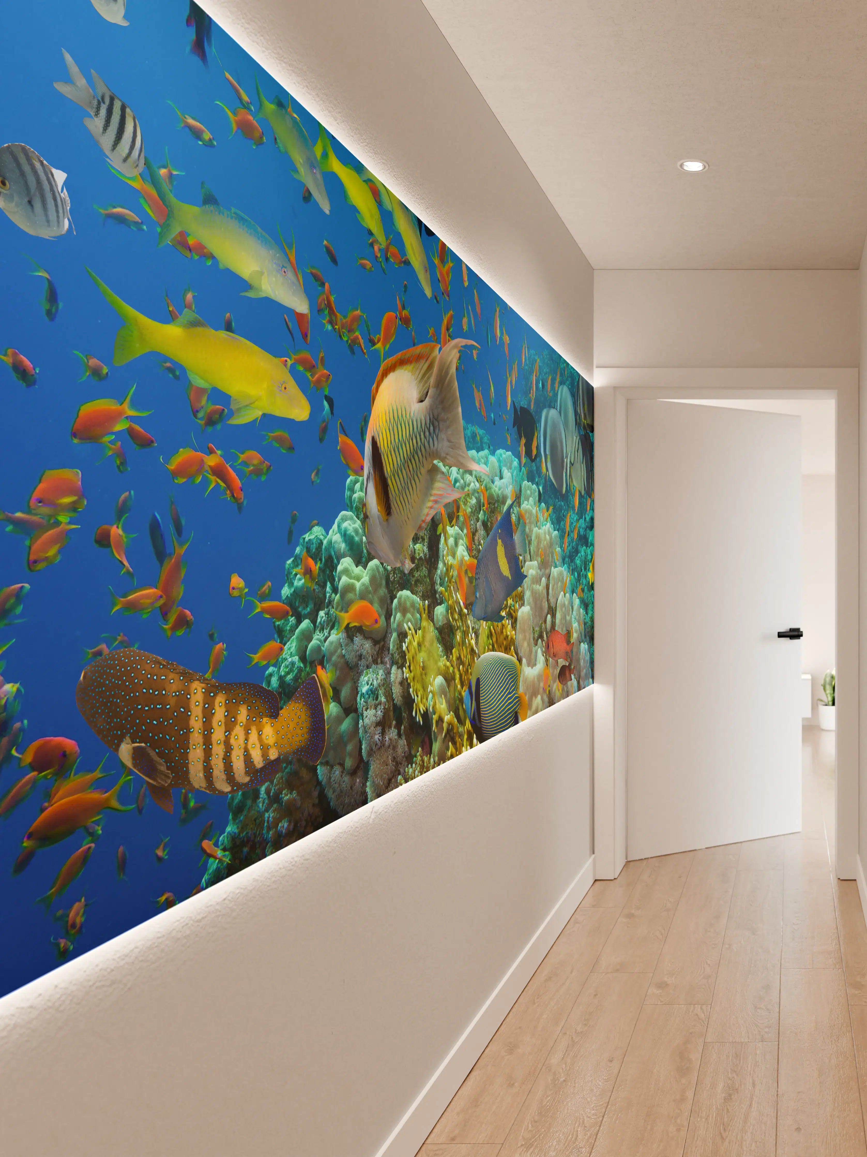 Wandverkleidung Flur - Grau getönte Unterwasserwelten mit Korallen und Fischen